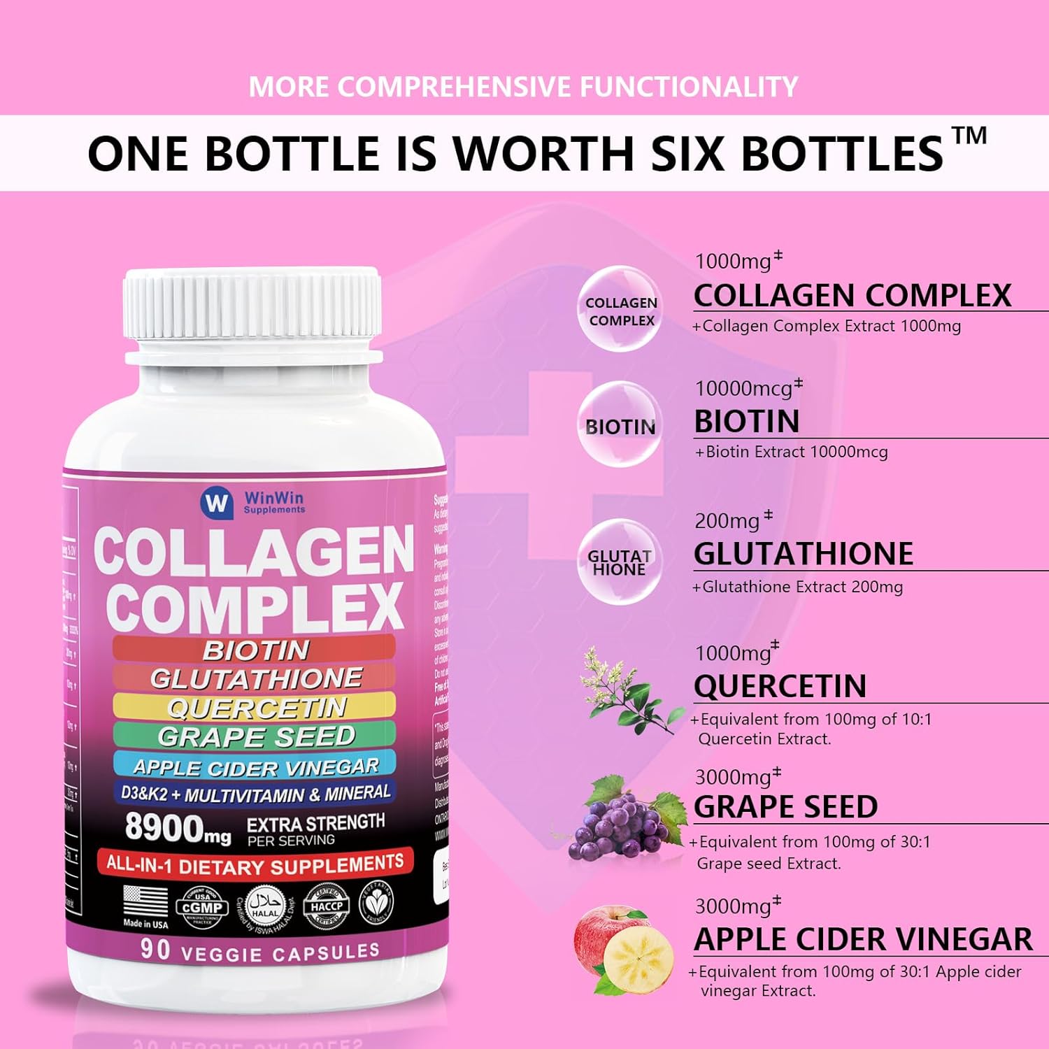 Collagen 1000mg Supplement with Quercetin, Grape Seed, and Biotin - 29in1 Multi-Vitamin and Mineral Blend - Made in USA
