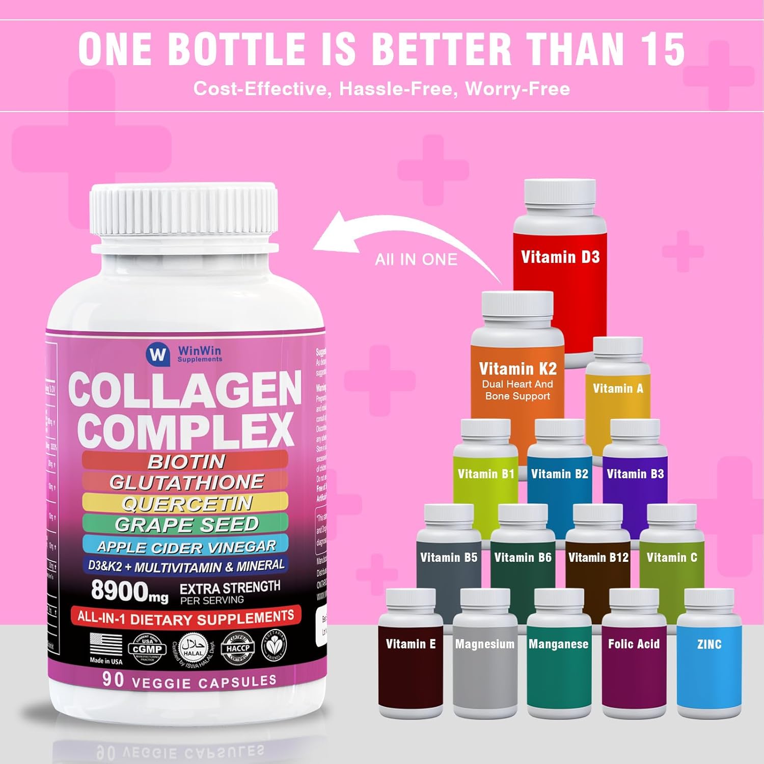 Collagen 1000mg Supplement with Quercetin, Grape Seed, and Biotin - 29in1 Multi-Vitamin and Mineral Blend - Made in USA