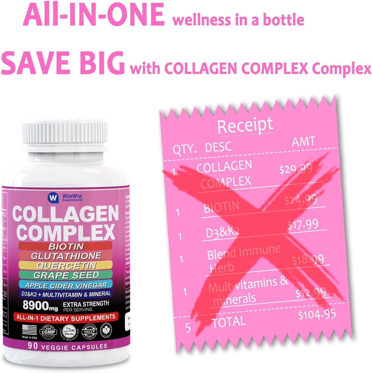 Collagen 1000mg Supplement with Quercetin, Grape Seed, and Biotin - 29in1 Multi-Vitamin and Mineral Blend - Made in USA