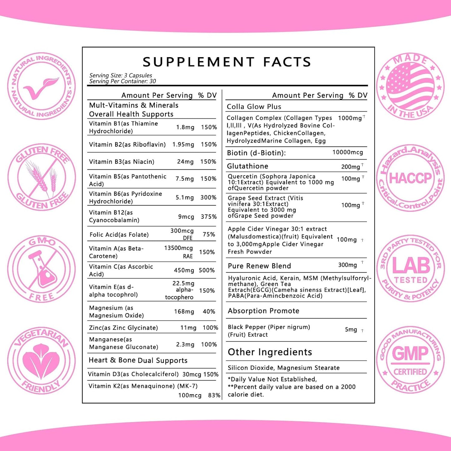 Collagen 1000mg Supplement with Quercetin, Grape Seed, and Biotin - 29in1 Multi-Vitamin and Mineral Blend - Made in USA