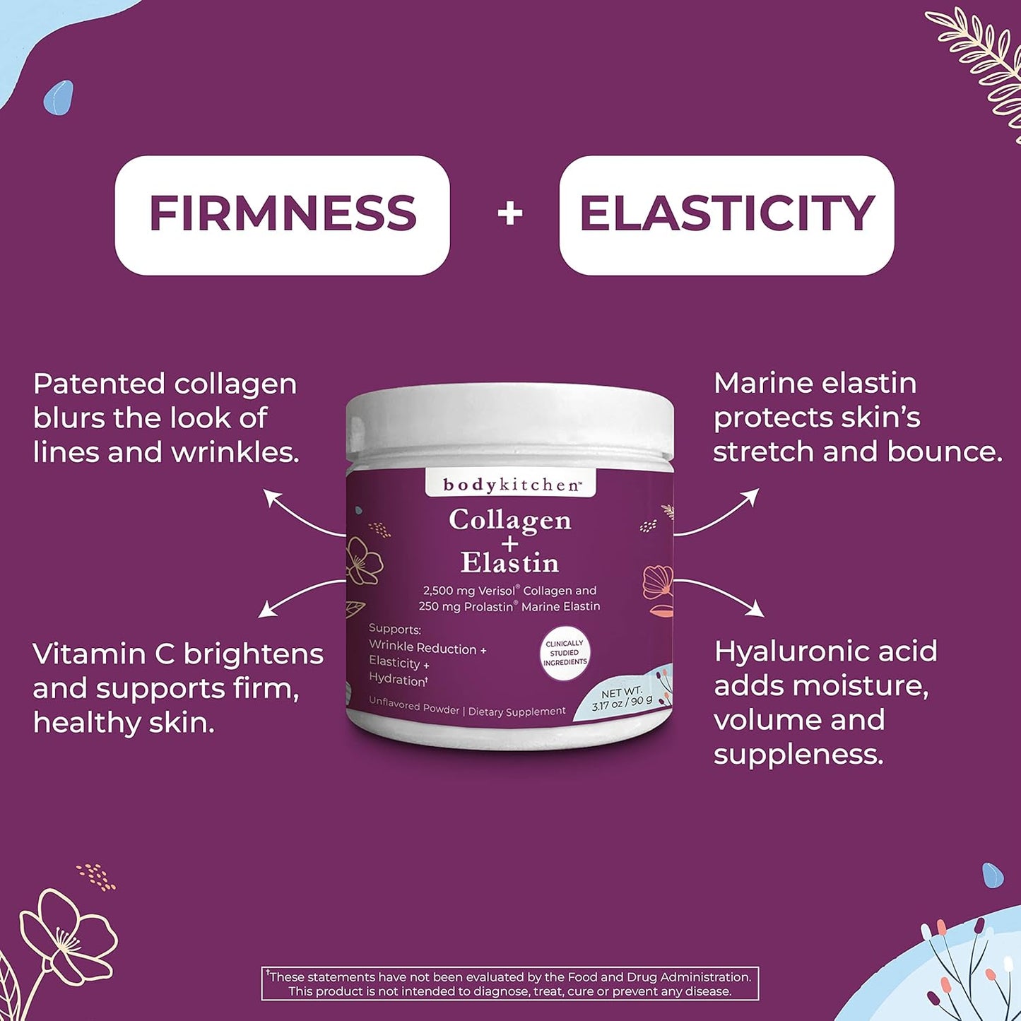 Collagen and Elastin Powder for Anti-Aging, Skin Health, and Elasticity - Unflavored, Odorless, Colorless (30 Servings)