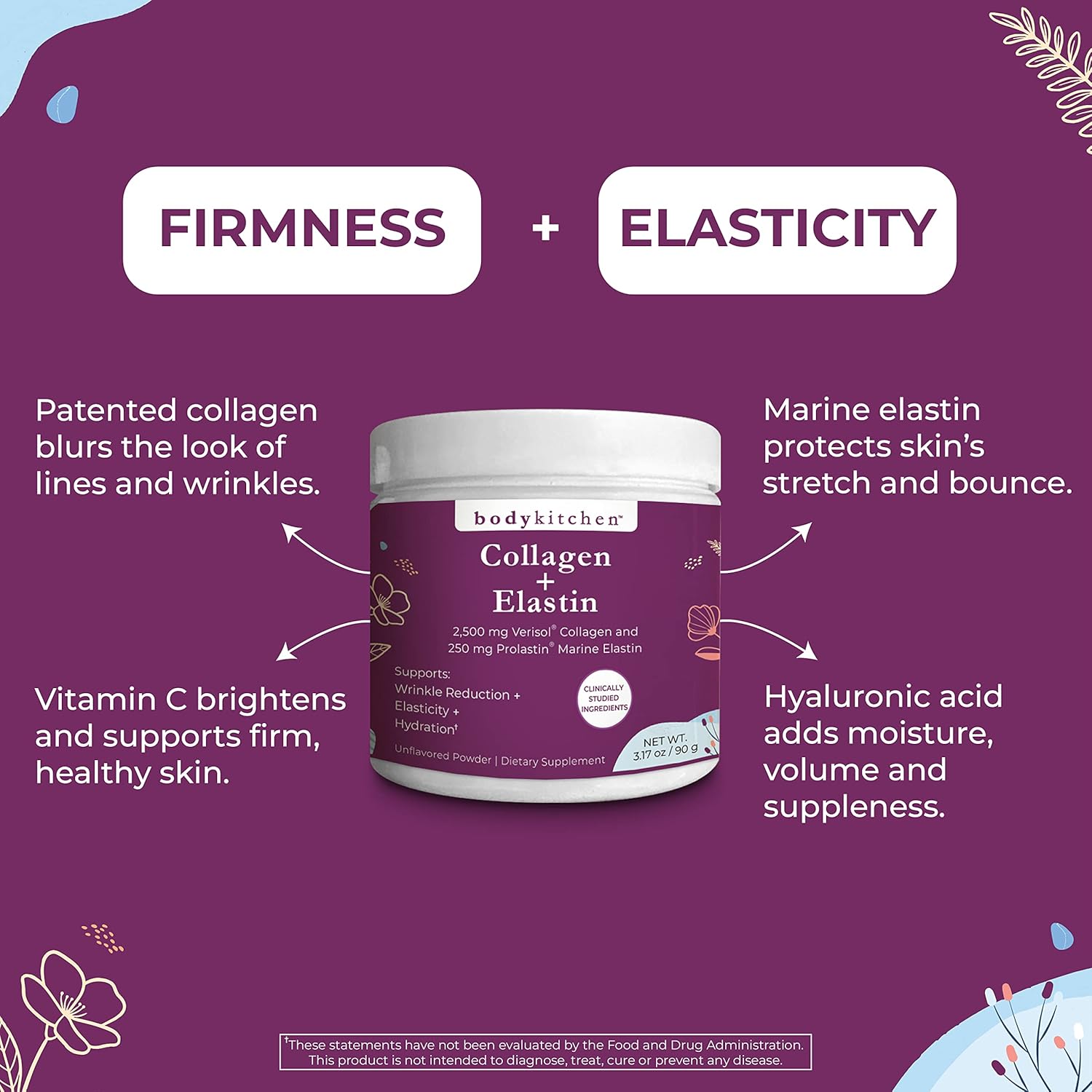 Collagen and Elastin Powder for Anti-Aging, Skin Health, and Elasticity - Unflavored, Odorless, Colorless (30 Servings)