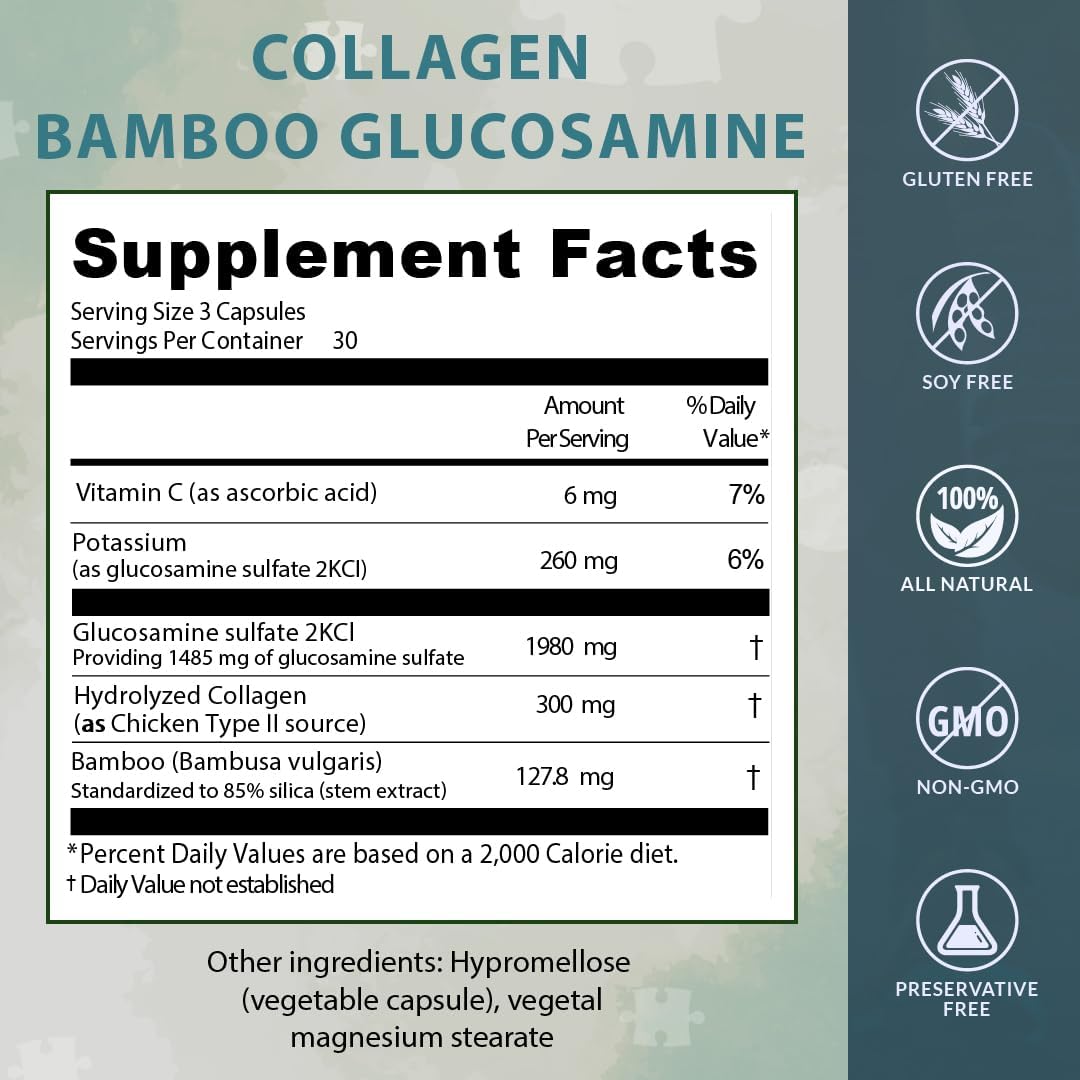 Collagen Bamboo Glucosamine Capsules for Joint, Cartilage, and Bone Health - 90 Count