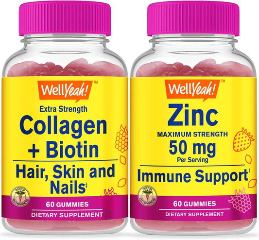 Collagen, Biotin, and Zinc Gummies Bundle - Delicious Vitamin Supplement, Gluten-Free and GMO-Free Chewables