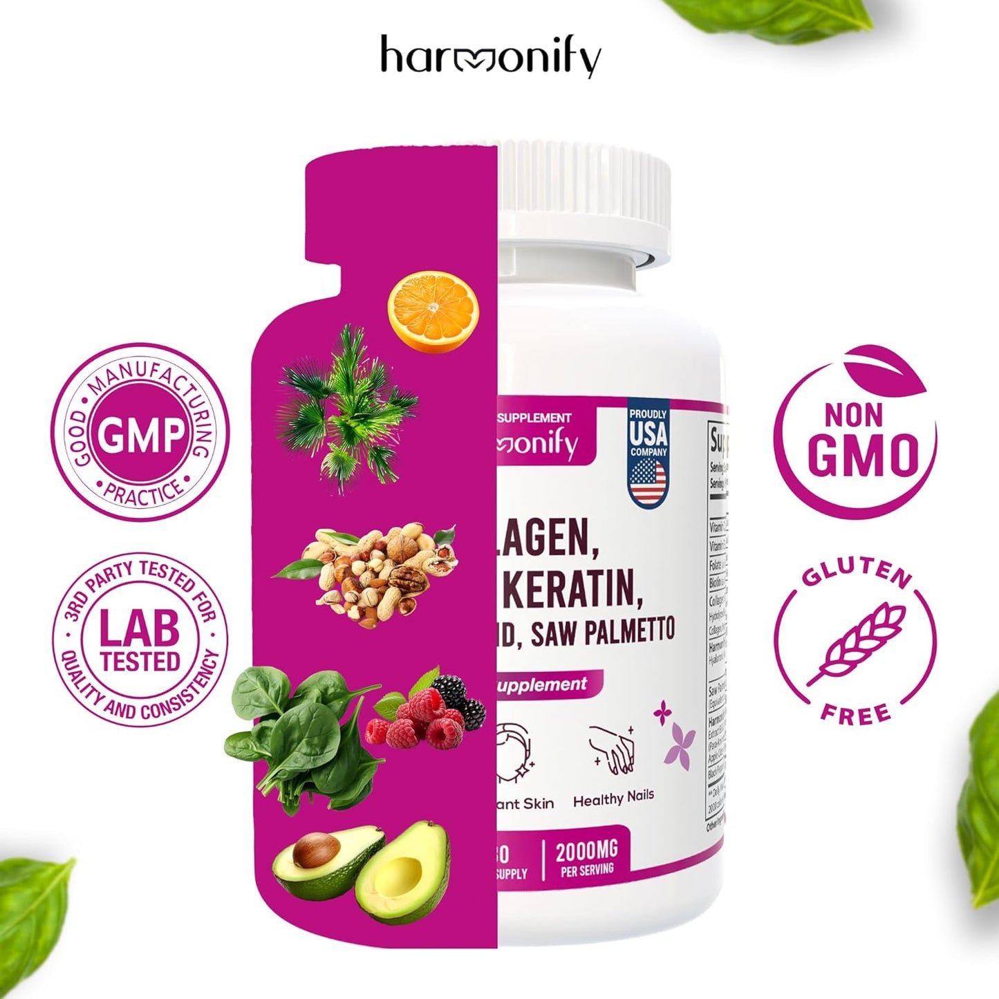 Collagen Biotin Keratin Hyaluronic Acid Complex Supplement with Vitamin E, Folic Acid, Pumpkin Seed and MSM - 60 Capsules, 1000 mg Formula