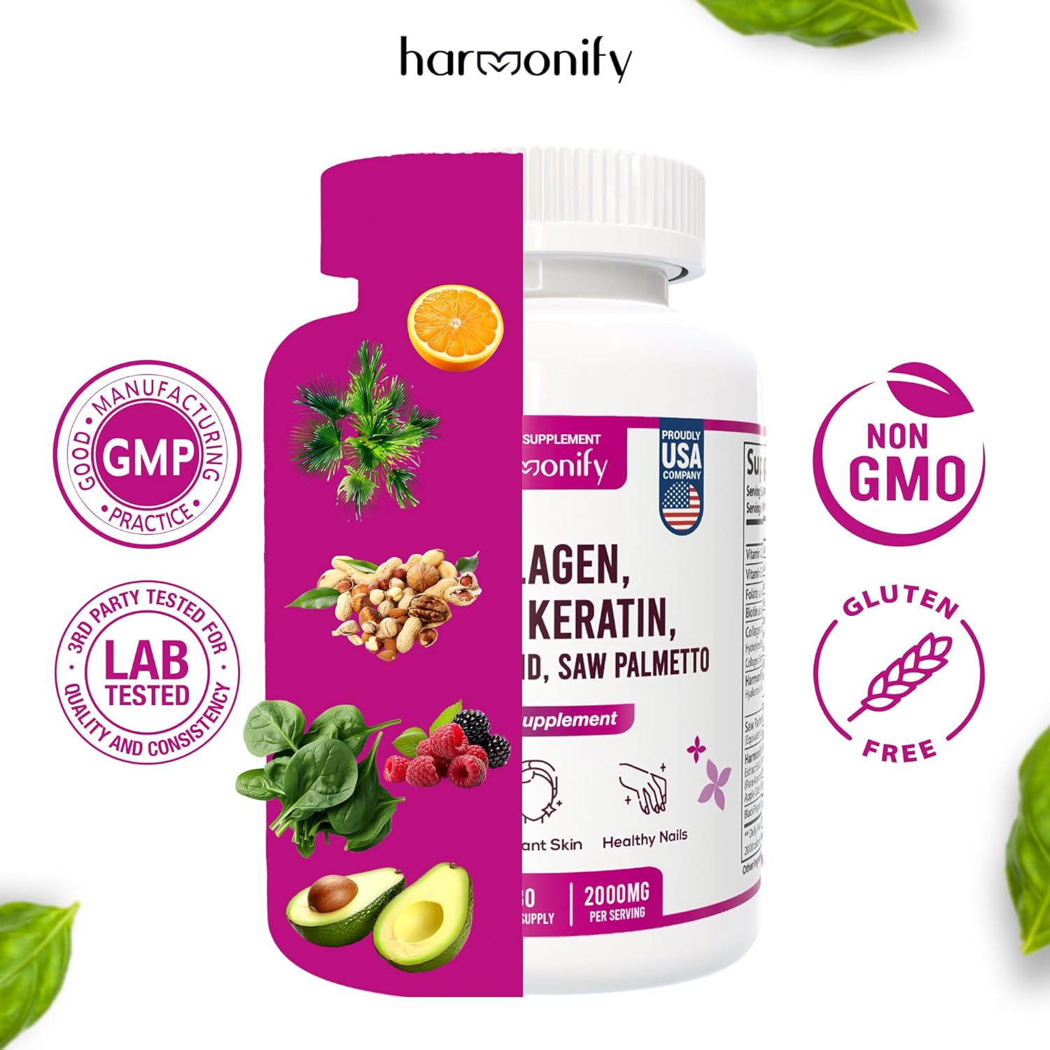 Collagen Biotin Keratin Hyaluronic Acid Complex Supplement with Vitamin E, Folic Acid, Pumpkin Seed and MSM - 60 Capsules, 1000 mg Formula