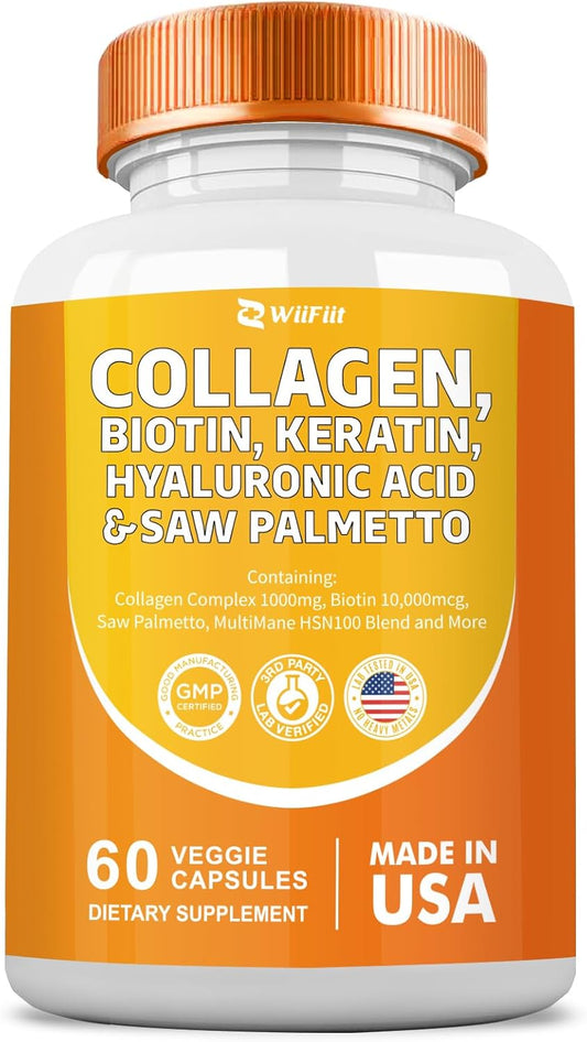 Collagen, Biotin, Keratin, Saw Palmetto, and Folate Supplement with Hyaluronic Acid, Vitamin C, E, Paba, MSM, Quercetin - 60 Capsules