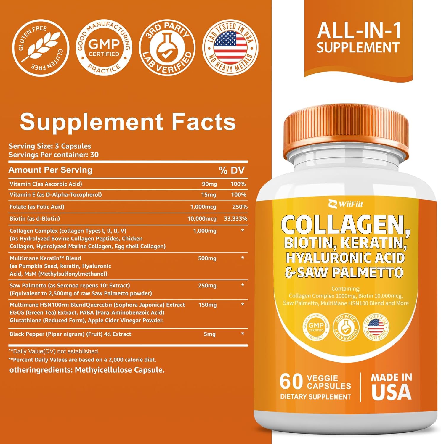 Collagen, Biotin, Keratin, Saw Palmetto, and Folate Supplement with Hyaluronic Acid, Vitamin C, E, Paba, MSM, Quercetin - 60 Capsules