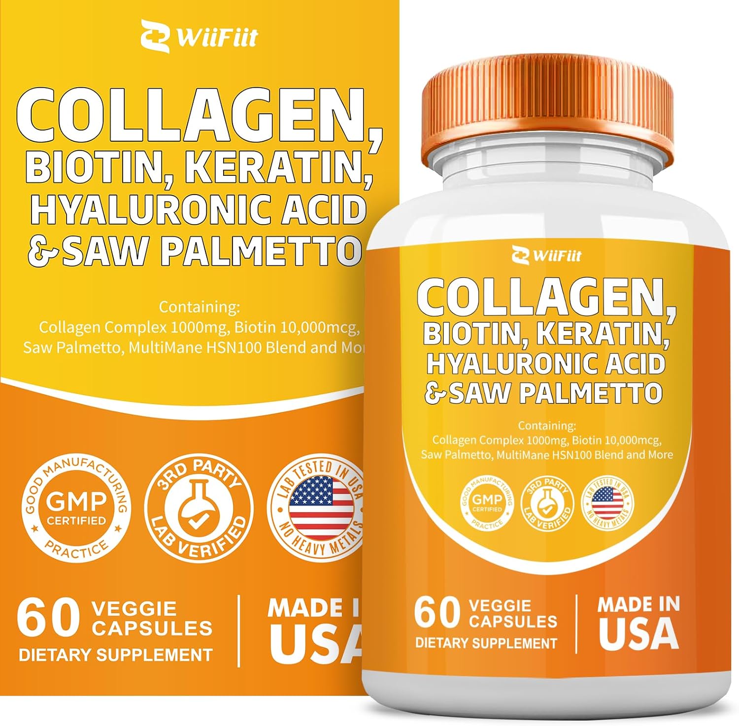 Collagen, Biotin, Keratin, Saw Palmetto, and Folate Supplement with Hyaluronic Acid, Vitamin C, E, Paba, MSM, Quercetin - 60 Capsules