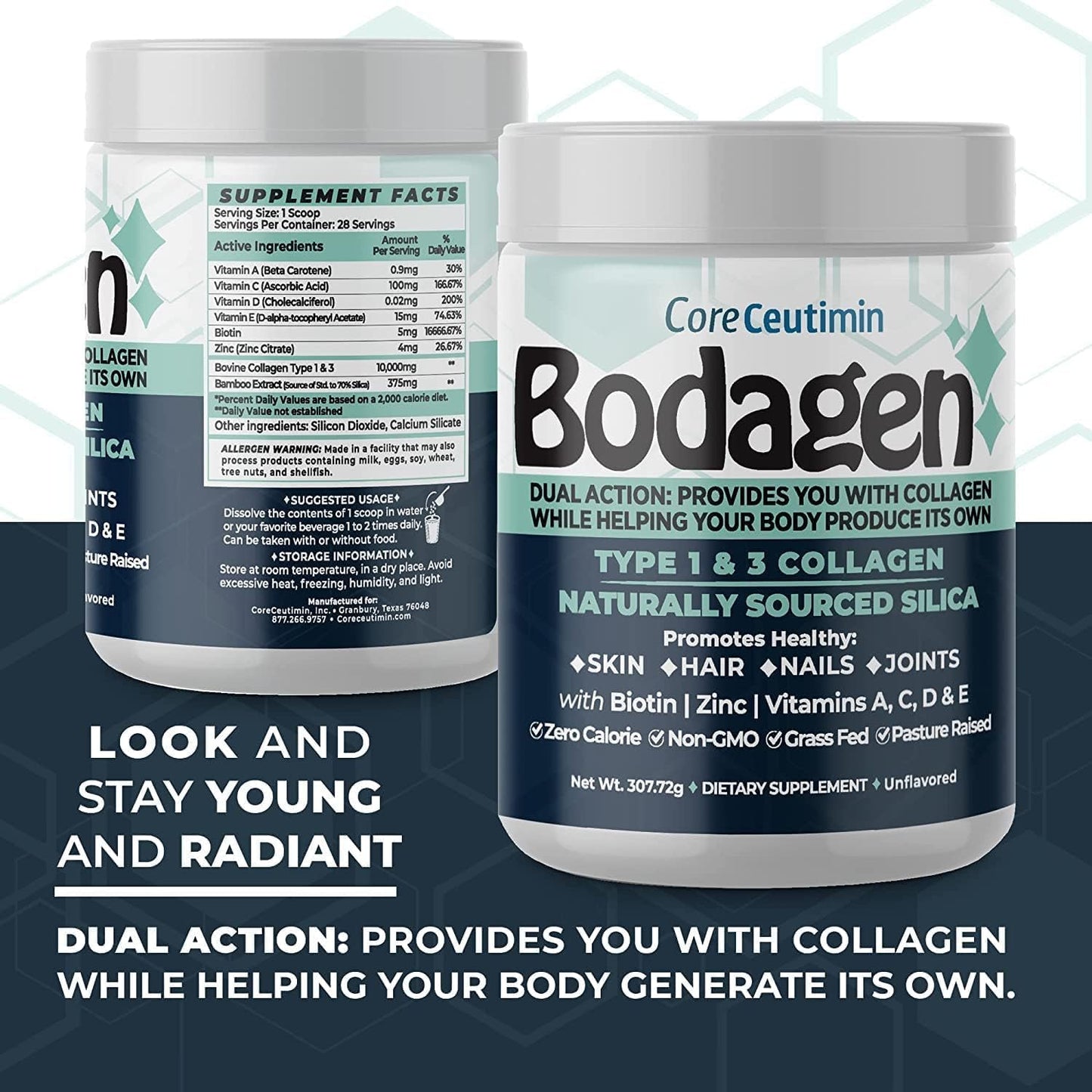 Collagen Building Silica & Peptides Two Pack for Skin, Hair, Nail, Bone & Joint Health - Men & Women. With Biotin, Zinc, Vitamin A, C, D & E. 0 Cal, Non GMO, Unflavored