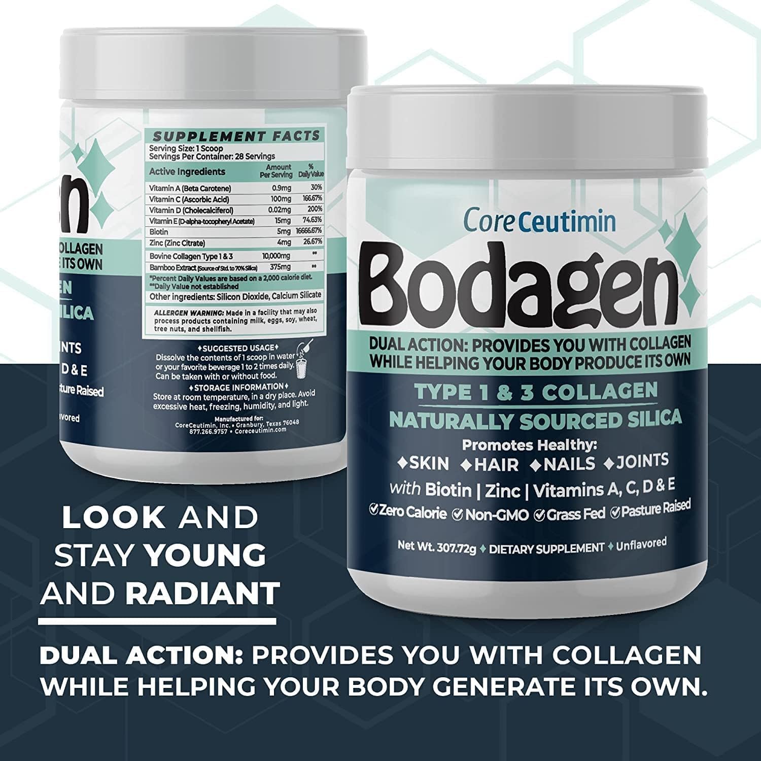 Collagen Building Silica & Peptides Two Pack for Skin, Hair, Nail, Bone & Joint Health - Men & Women. With Biotin, Zinc, Vitamin A, C, D & E. 0 Cal, Non GMO, Unflavored