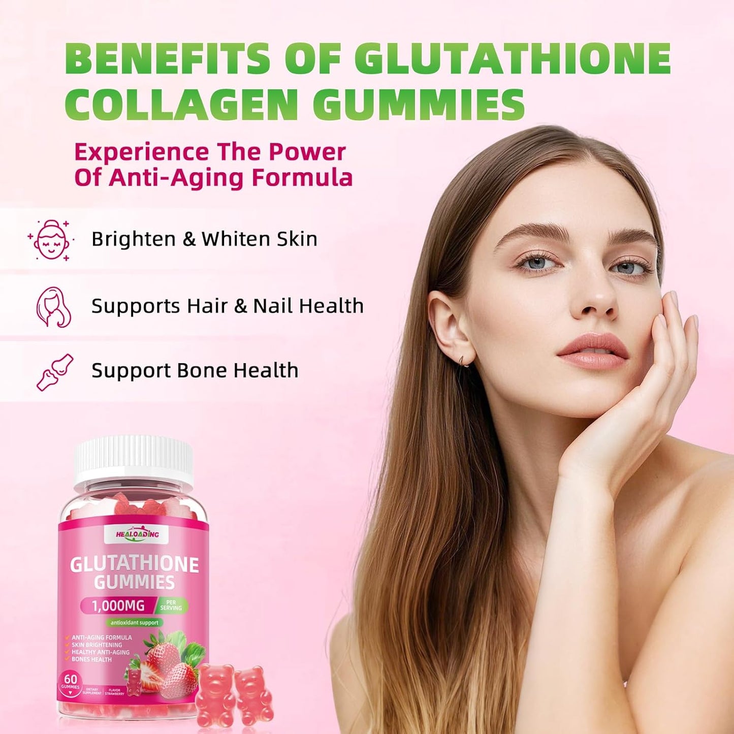 Collagen Glutathione Gummies: Vitamin C, E, D, & B12 Anti-Aging Supplement 1000mg - Bone Strengthening Formula