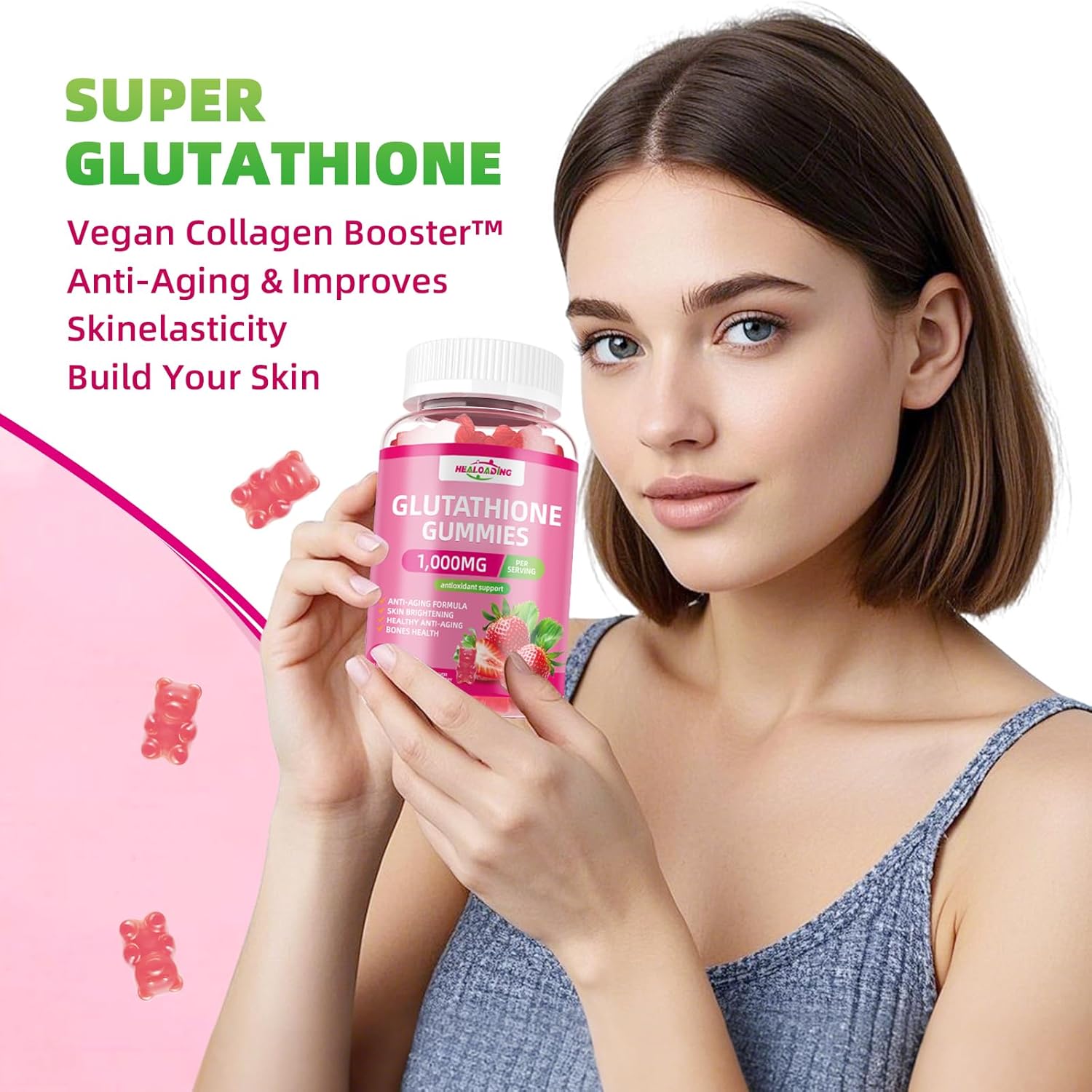 Collagen Glutathione Gummies: Vitamin C, E, D, & B12 Anti-Aging Supplement 1000mg - Bone Strengthening Formula