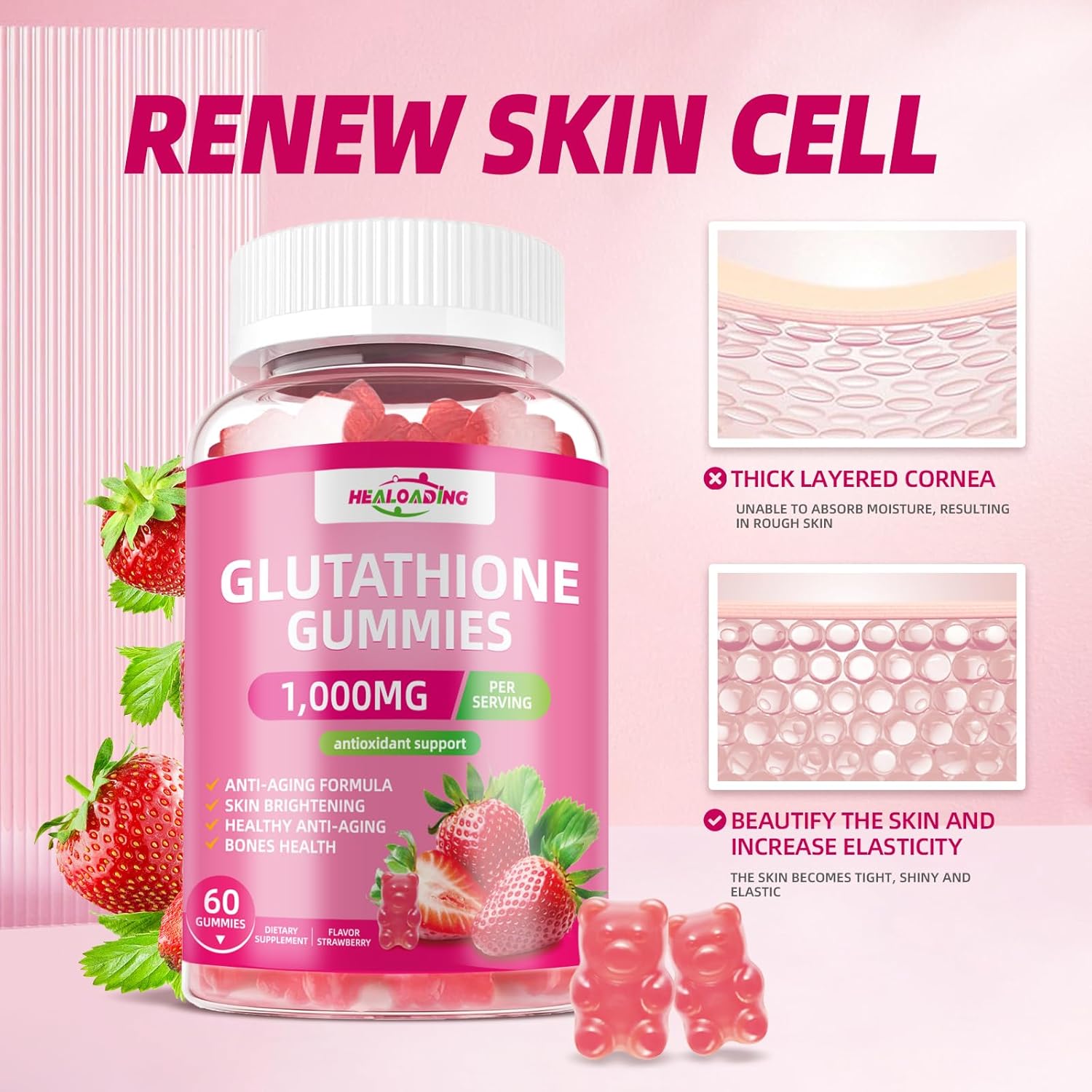 Collagen Glutathione Gummies: Vitamin C, E, D, & B12 Anti-Aging Supplement 1000mg - Bone Strengthening Formula