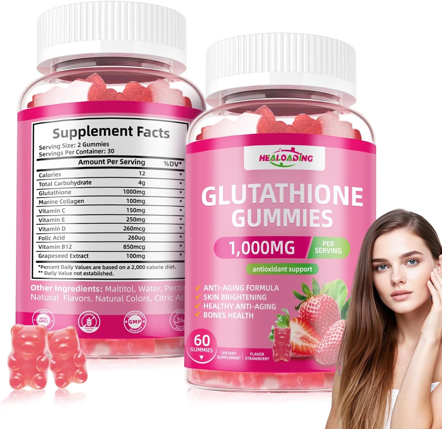 Collagen Glutathione Gummies: Vitamin C, E, D, & B12 Anti-Aging Supplement 1000mg - Bone Strengthening Formula