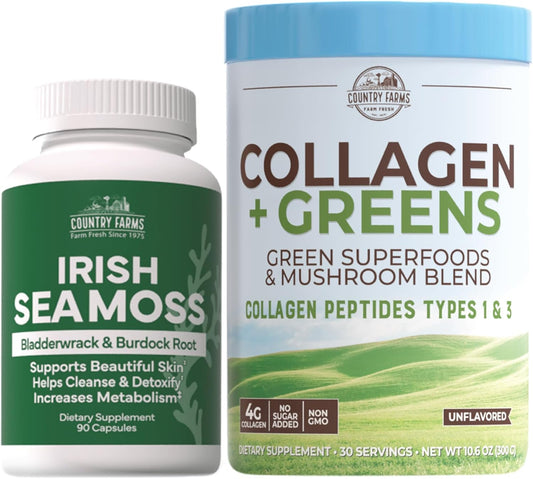 Collagen + Greens Irish Sea Moss Beauty Pack for Skin, Hair Growth, Nails & Joints - Ultimate Beauty Support Gift (Pack of 2)