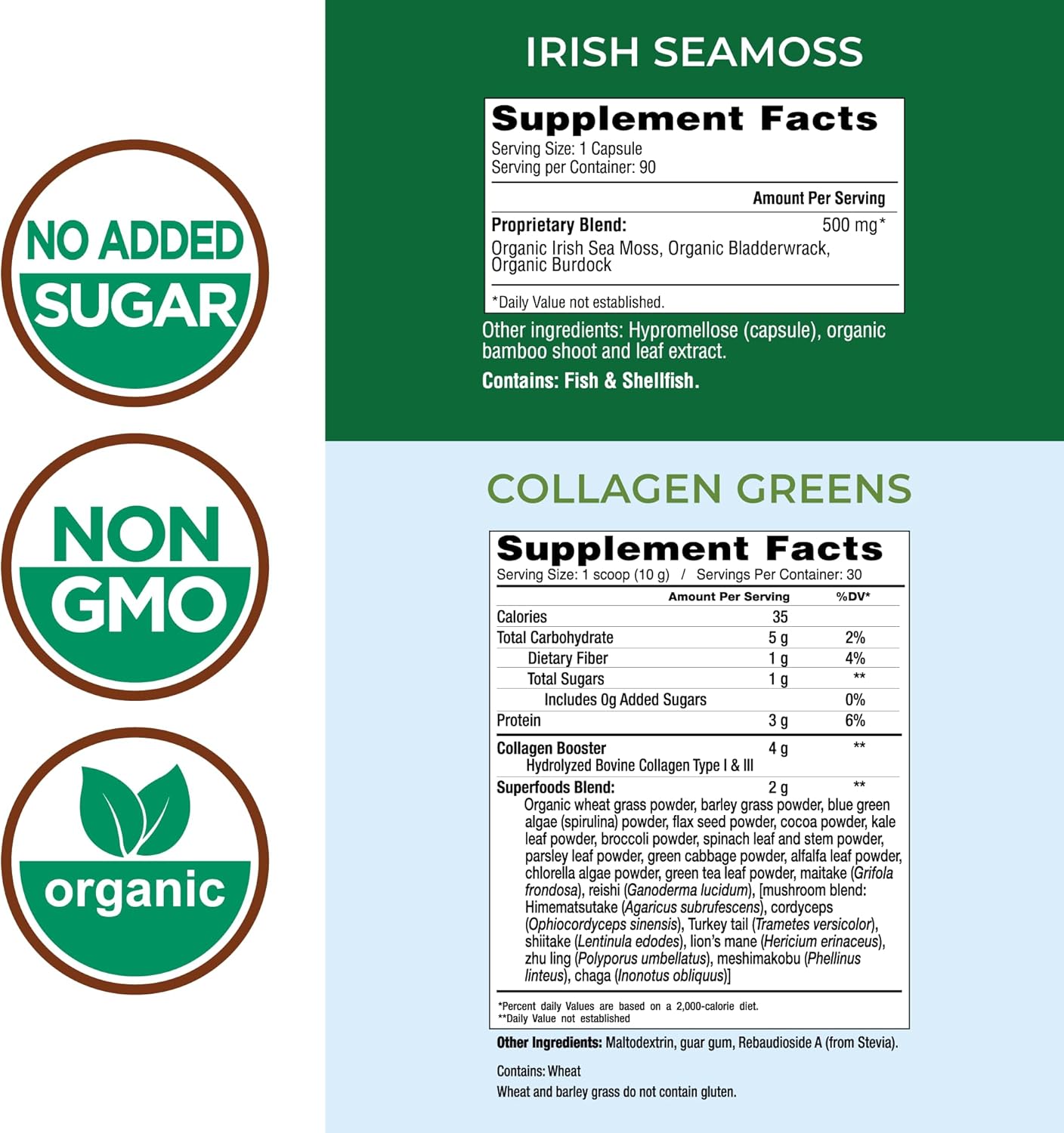 Collagen + Greens Irish Sea Moss Beauty Pack for Skin, Hair Growth, Nails & Joints - Ultimate Beauty Support Gift (Pack of 2)