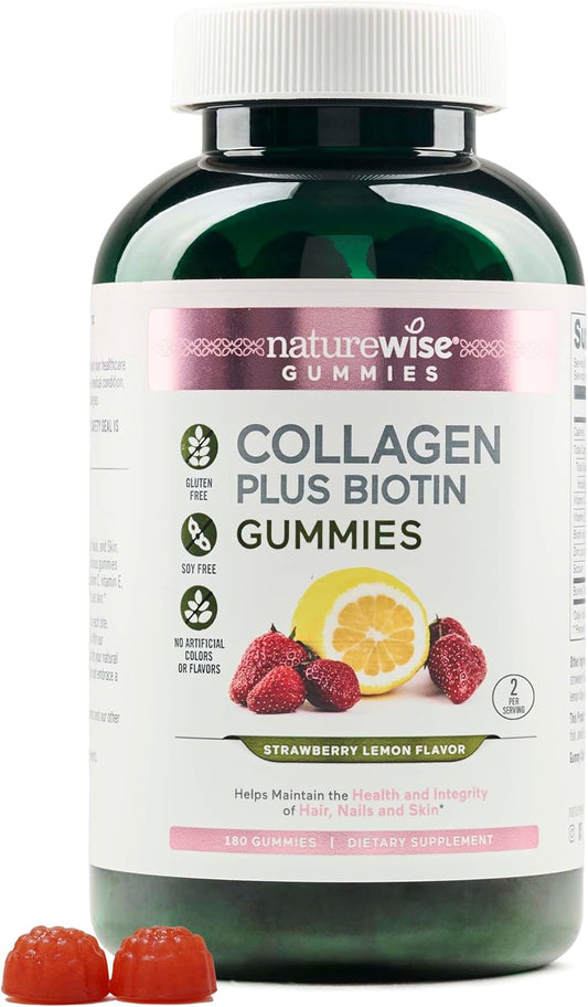 Collagen Gummies for Women with Biotin, Vitamin C, E, Zinc - Strawberry Lemon Flavor - 180 Count - Hair, Skin, Nails & Joint Support - 3-Month Supply