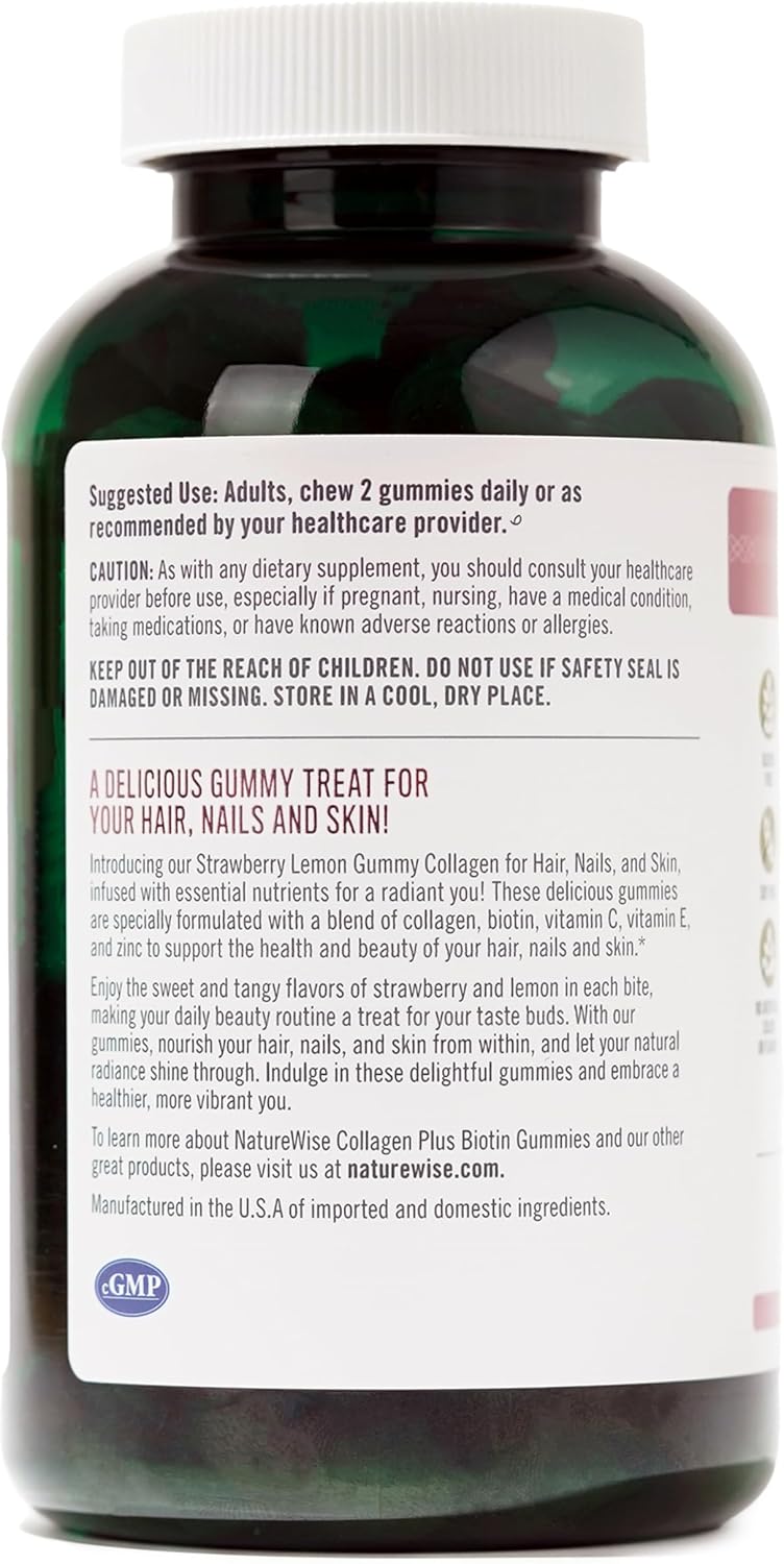 Collagen Gummies for Women with Biotin, Vitamin C, E, Zinc - Strawberry Lemon Flavor - 180 Count - Hair, Skin, Nails & Joint Support - 3-Month Supply