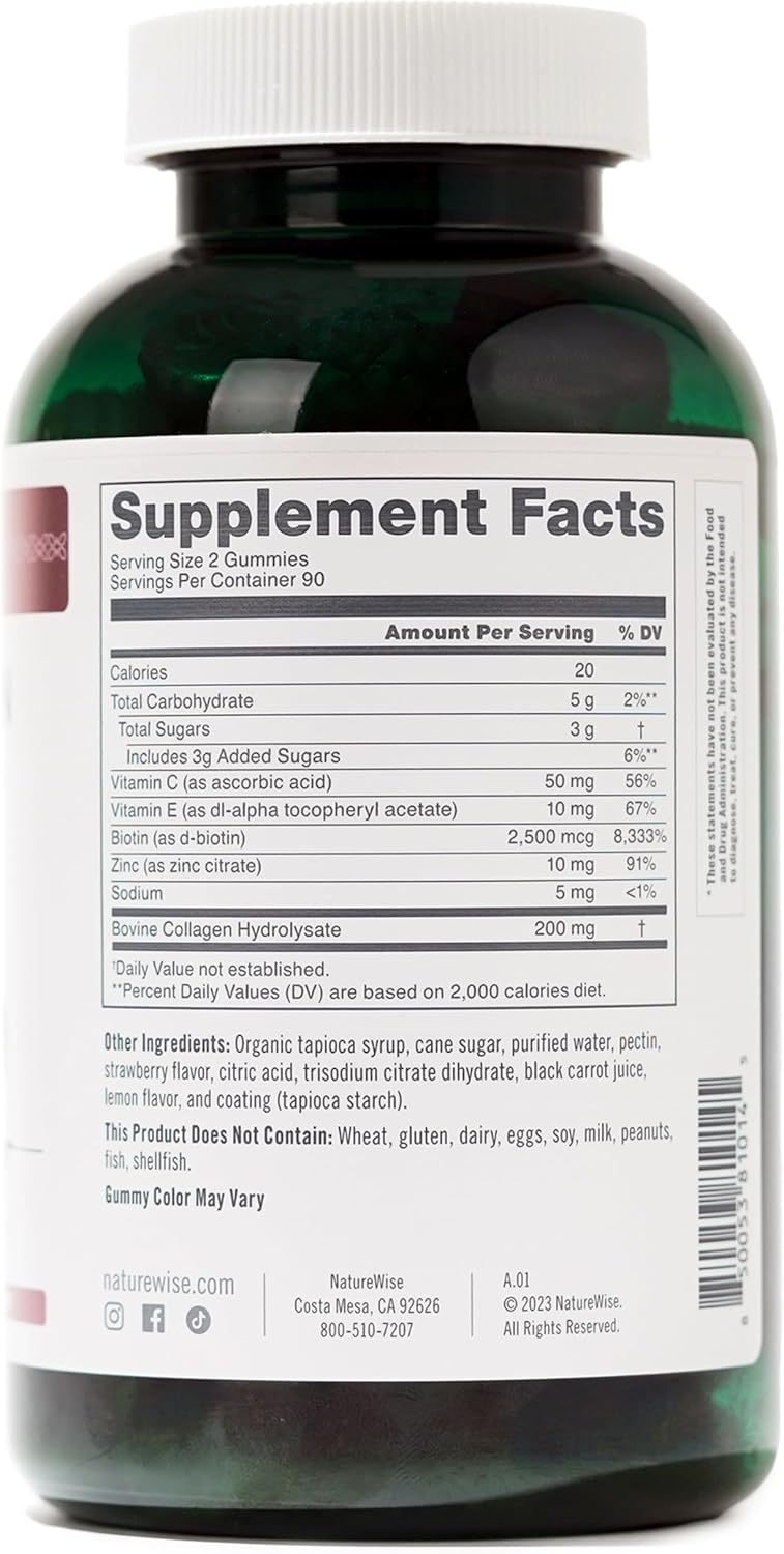 Collagen Gummies for Women with Biotin, Vitamin C, E, Zinc - Strawberry Lemon Flavor - 180 Count - Hair, Skin, Nails & Joint Support - 3-Month Supply