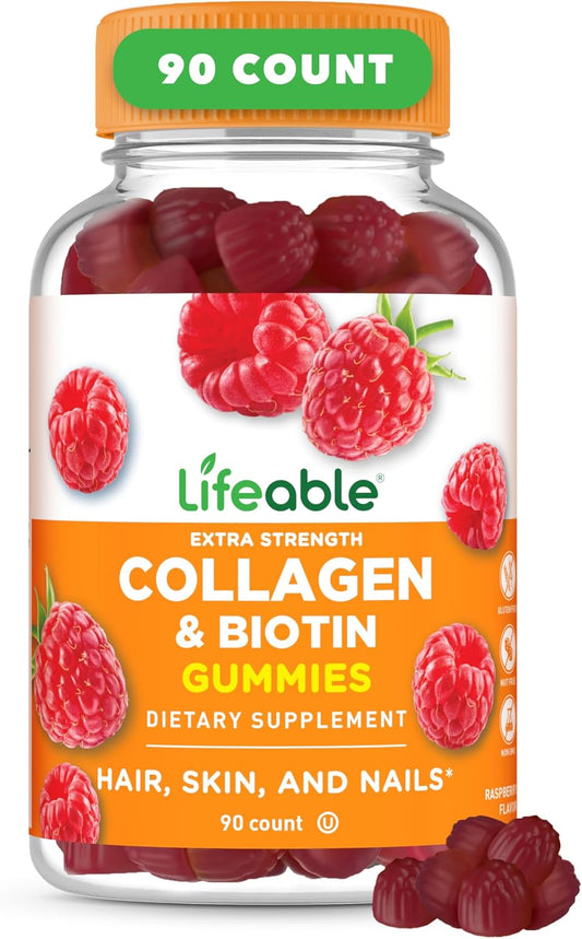Collagen Gummies with 100mg Collagen Peptides & 10000mcg Biotin | Hair, Skin, Nails Supplement for Women, Men, Adults | Great Tasting | 90 Gummies