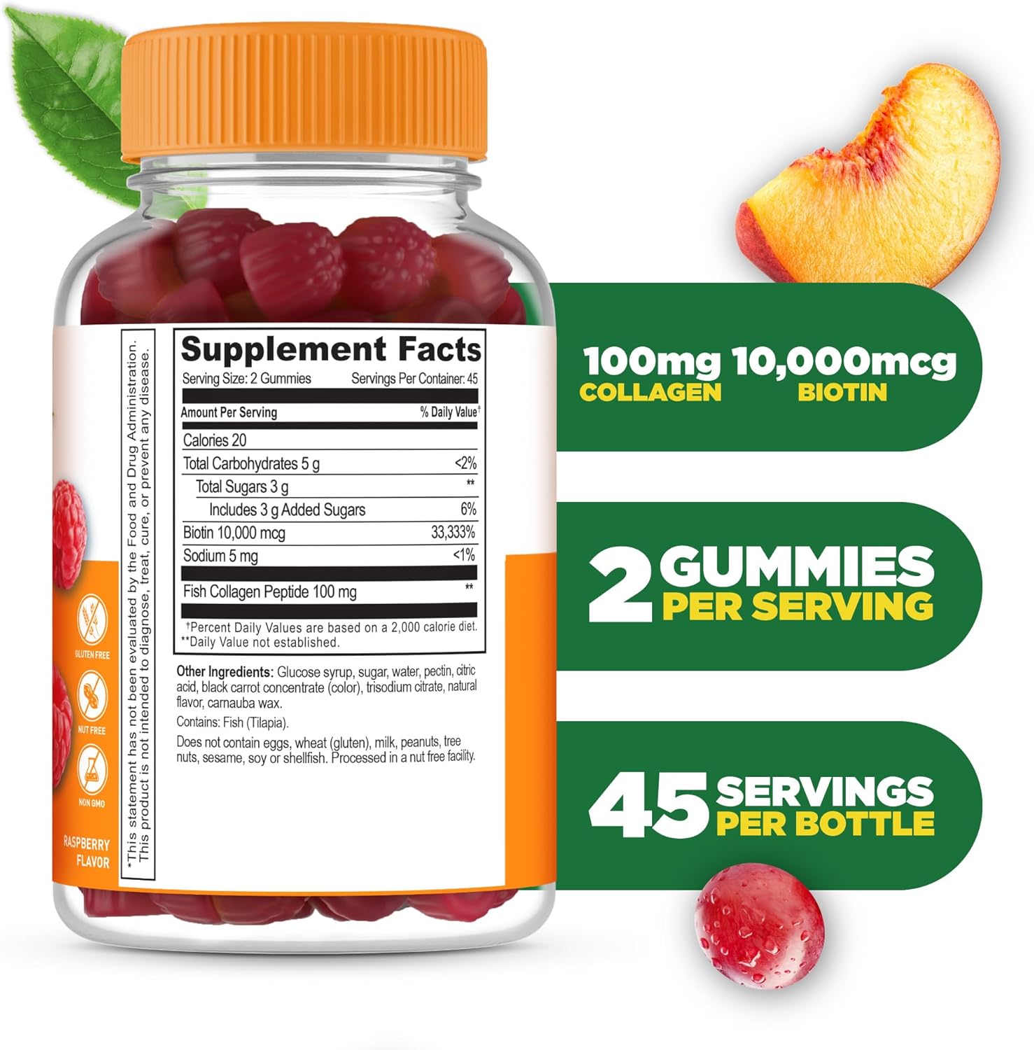 Collagen Gummies with 100mg Collagen Peptides & 10000mcg Biotin | Hair, Skin, Nails Supplement for Women, Men, Adults | Great Tasting | 90 Gummies