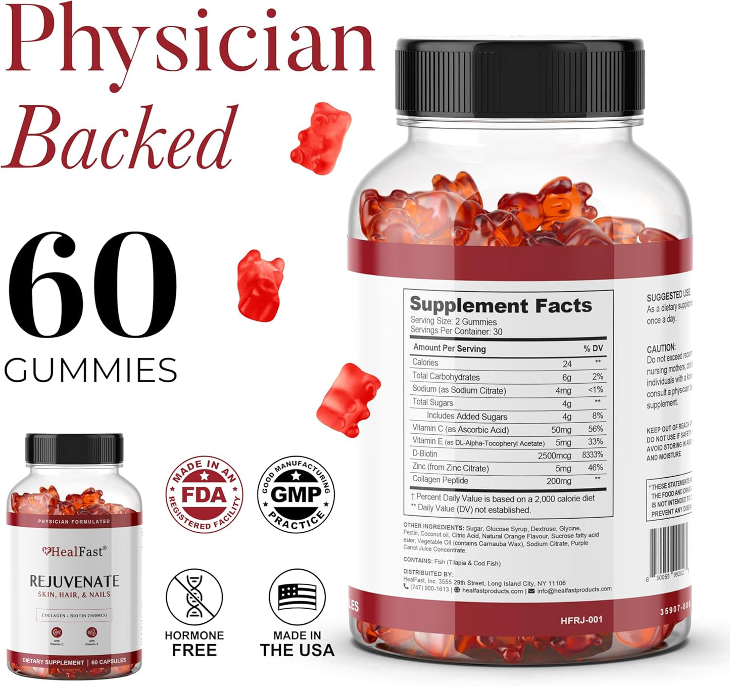 Collagen Gummy Supplement with Vitamins, Biotin, and Zinc for Anti-Aging - 60 Count