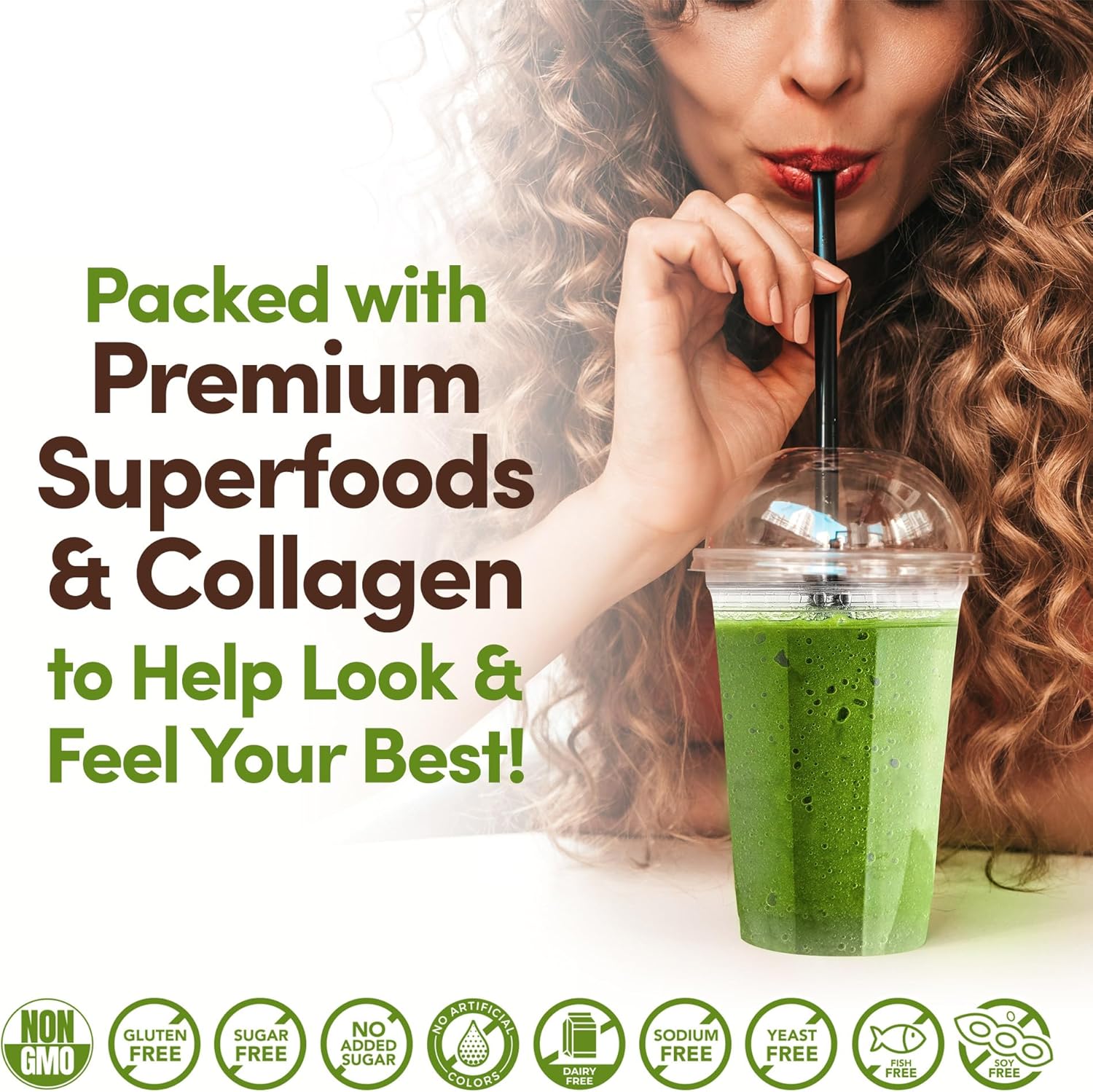 Collagen Peptides Powder with Greens Supplement for Skin, Hair, Nails, and Joints - Dairy/Gluten/Sugar Free - Energizing Superfoods - 21.2 Oz