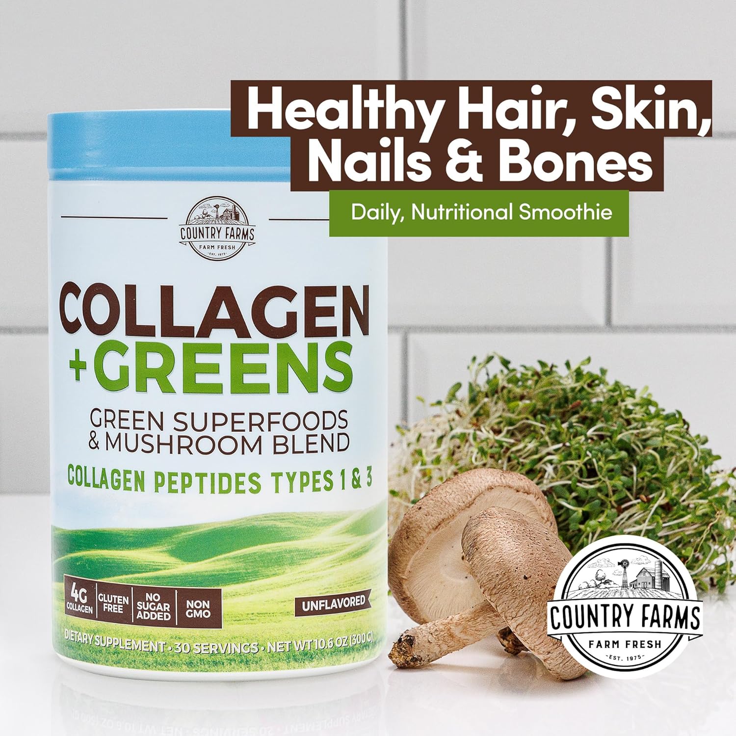 Collagen Peptides Powder with Greens Supplement for Skin, Hair, Nails, and Joints - Dairy/Gluten/Sugar Free - Energizing Superfoods - 21.2 Oz