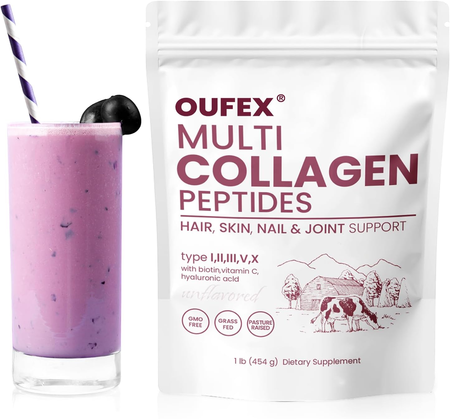 Collagen Peptides Powder with Hyaluronic Acid, Biotin for Hair, Skin, Nails, Bone, Joint Health - Types I, II, III, V, X - 1 lb