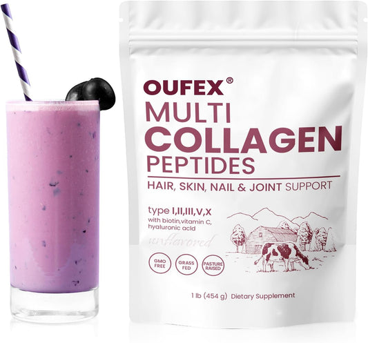 Collagen Peptides Powder with Hyaluronic Acid, Biotin for Hair, Skin, Nails, Bone, Joint Health - Types I, II, III, V, X - 1 lb