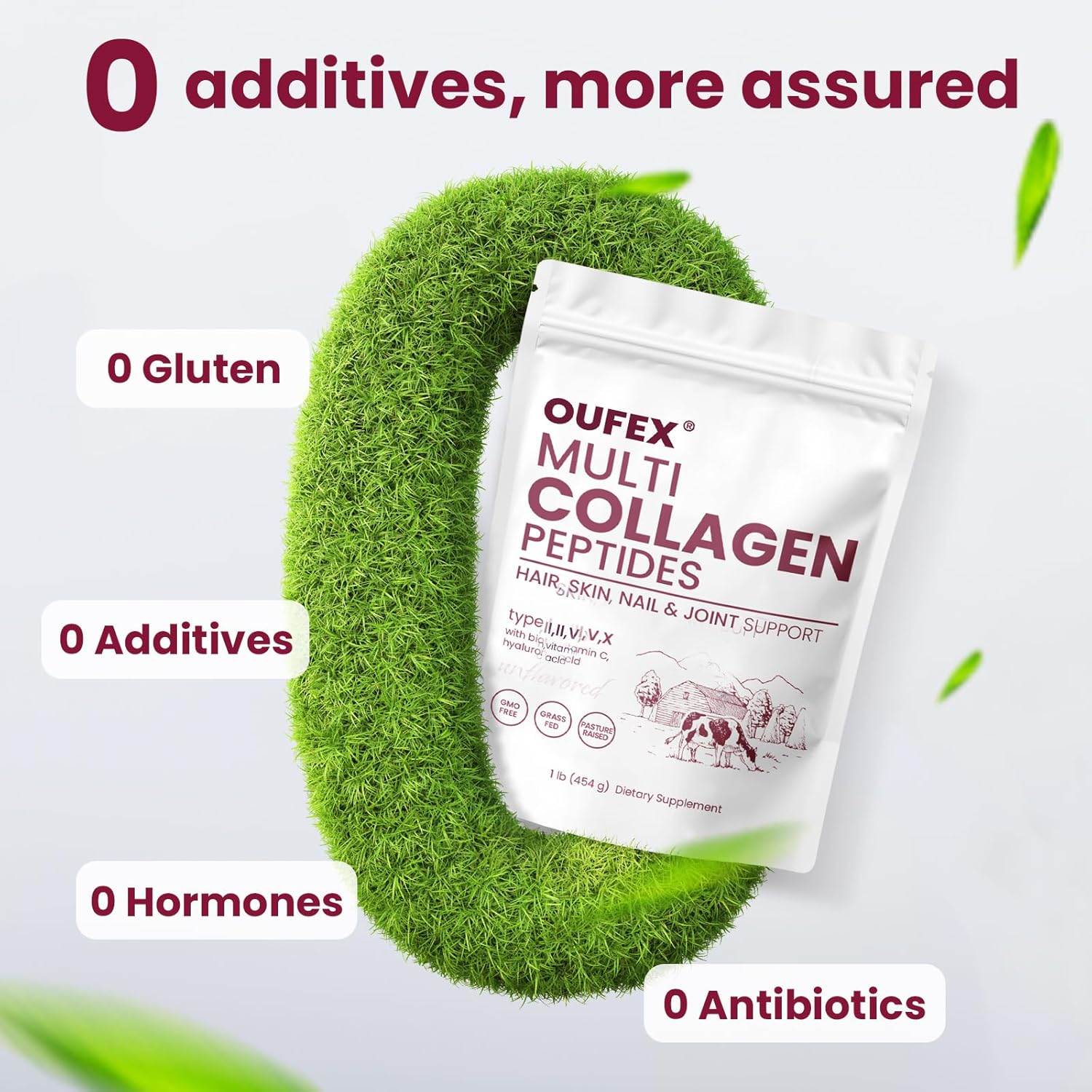 Collagen Peptides Powder with Hyaluronic Acid, Biotin for Hair, Skin, Nails, Bone, Joint Health - Types I, II, III, V, X - 1 lb