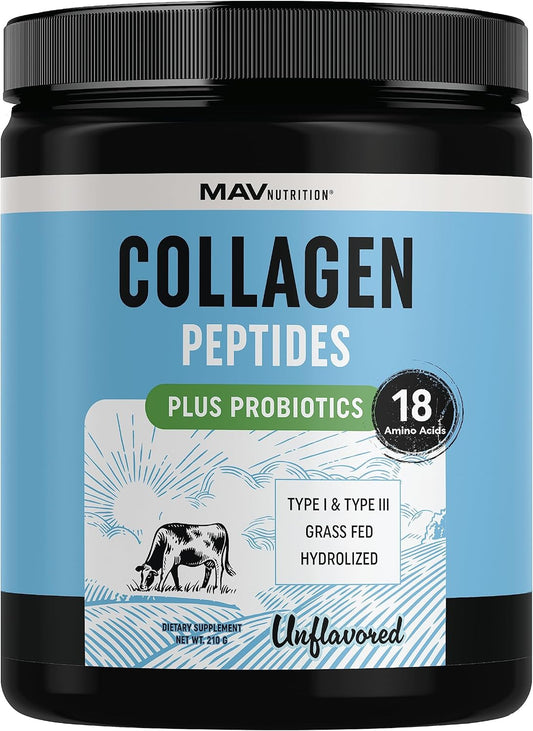 Collagen Peptides Powder with Probiotics for Hair, Skin, Nails & Gut Health - Grass Fed Hydrolyzed Bovine Collagen - 7000mg Per Serving - Unflavored - 210g Container
