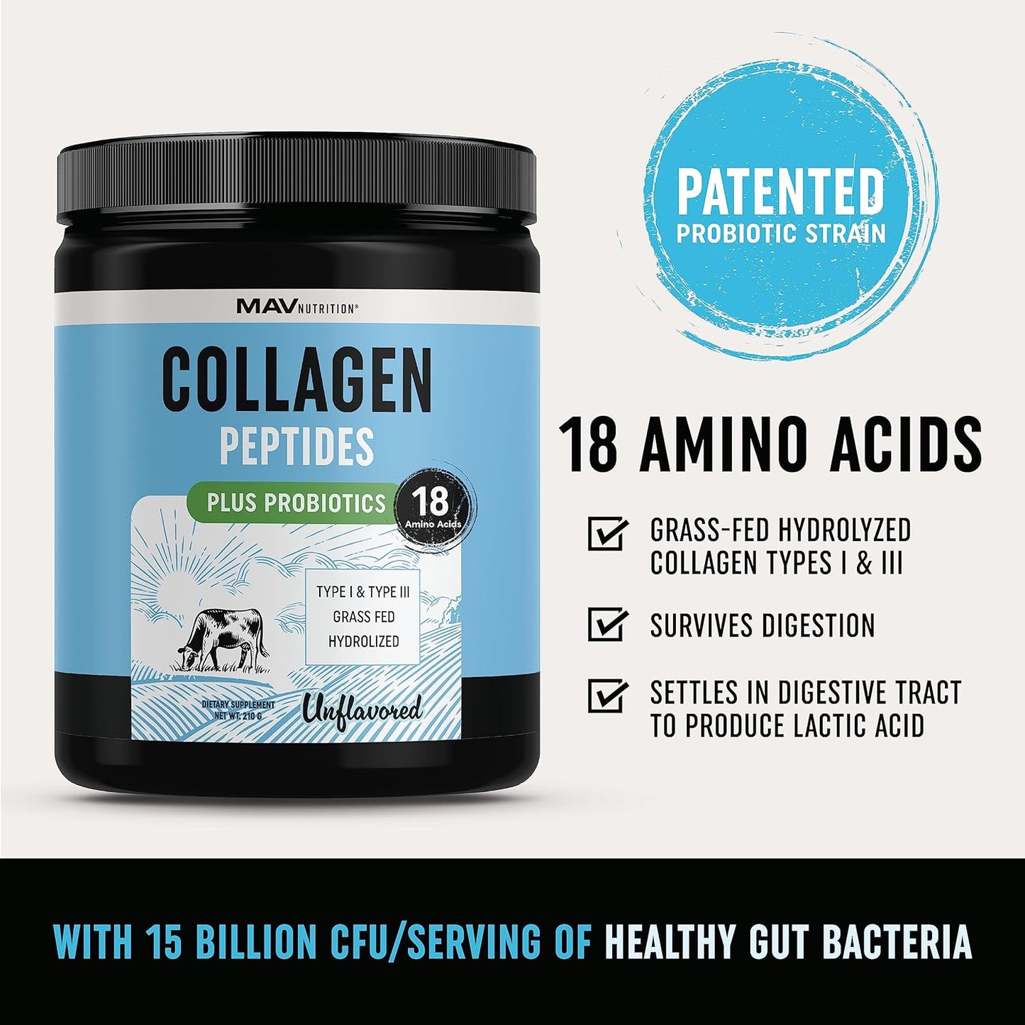 Collagen Peptides Powder with Probiotics for Hair, Skin, Nails & Gut Health - Grass Fed Hydrolyzed Bovine Collagen - 7000mg Per Serving - Unflavored - 210g Container