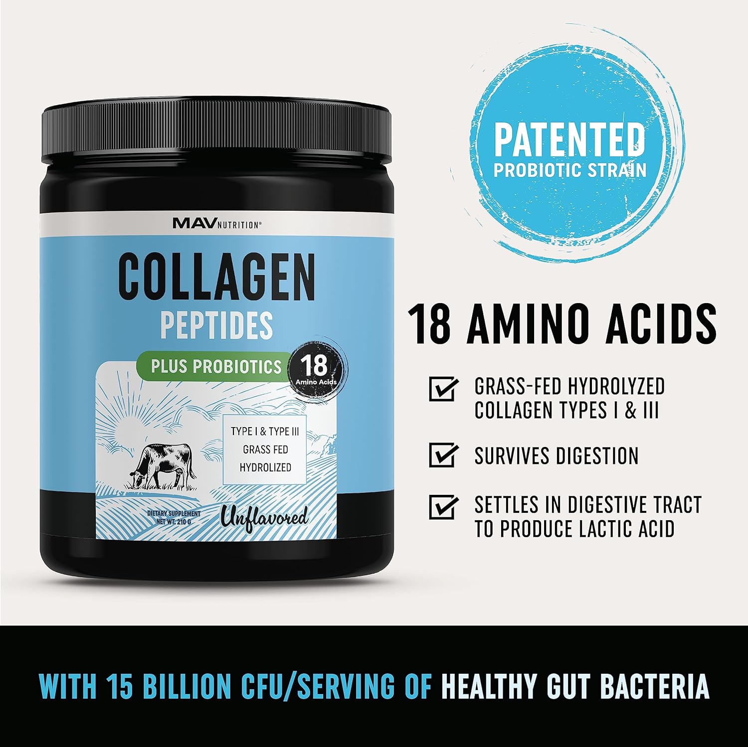 Collagen Peptides Powder with Probiotics for Hair, Skin, Nails & Gut Health - Grass Fed Hydrolyzed Bovine Collagen - 7000mg Per Serving - Unflavored - 210g Container