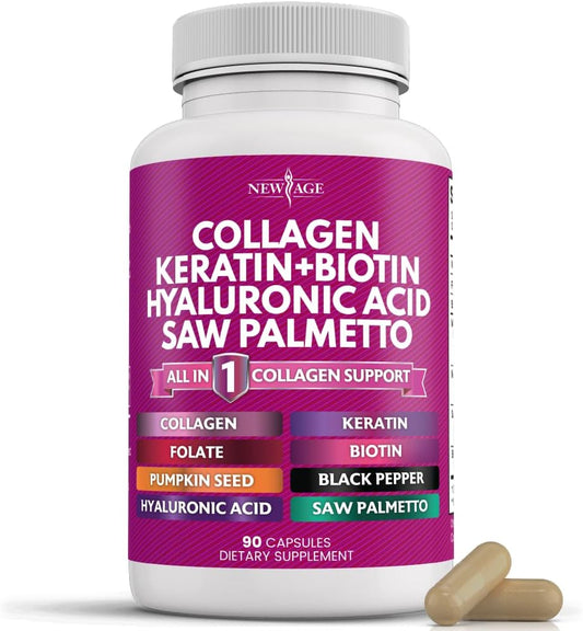 Collagen Pills with Biotin, Keratin, and Saw Palmetto for Hair, Skin, and Nails - Vitamins and DHT Blocker - 90 Count
