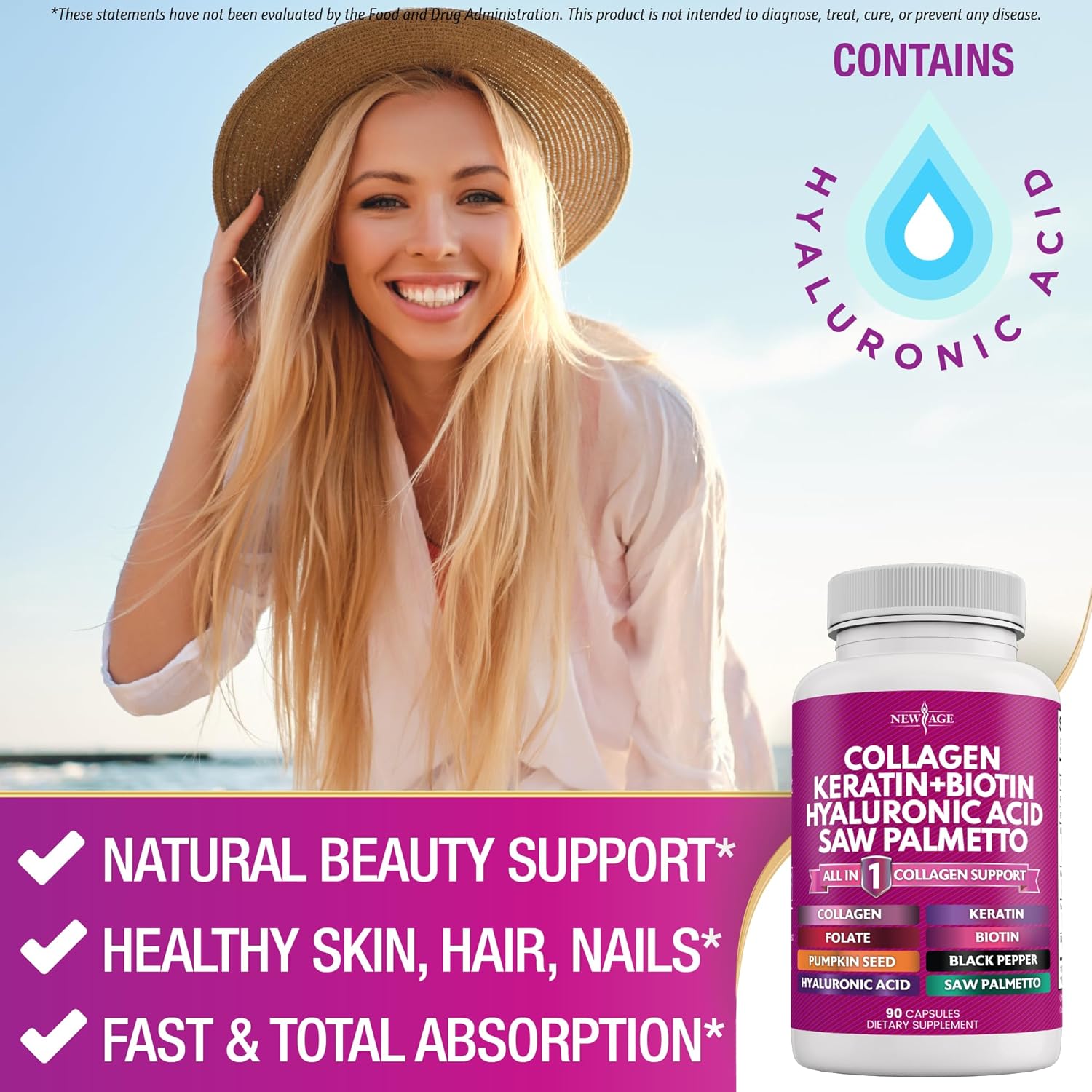 Collagen Pills with Biotin, Keratin, and Saw Palmetto for Hair, Skin, and Nails - Vitamins and DHT Blocker - 90 Count