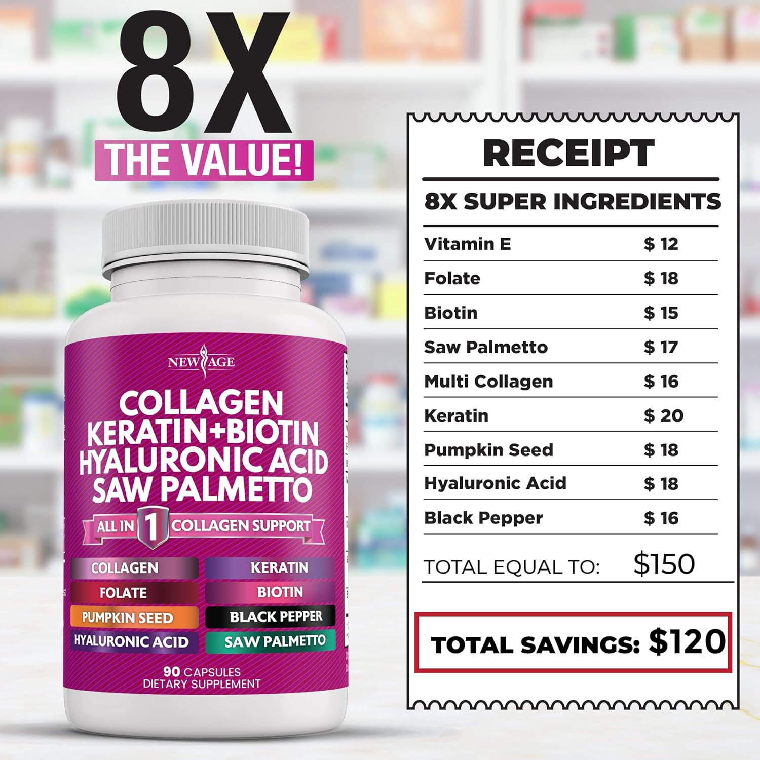 Collagen Pills with Biotin, Keratin, and Saw Palmetto for Hair, Skin, and Nails - Vitamins and DHT Blocker - 90 Count