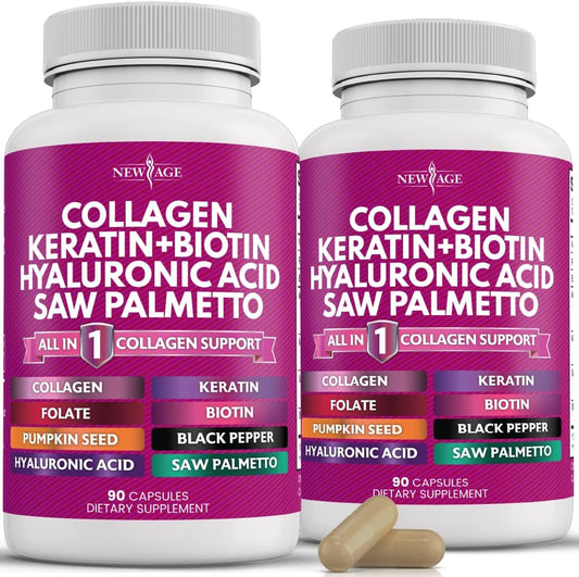Collagen Pills with Biotin, Keratin, Saw Palmetto, and Hyaluronic Acid - Supports Hair, Skin, and Nails - 180 Count