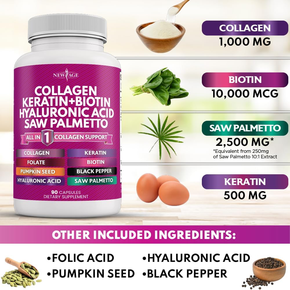 Collagen Pills with Biotin, Keratin, Saw Palmetto, and Hyaluronic Acid - Supports Hair, Skin, and Nails - 180 Count