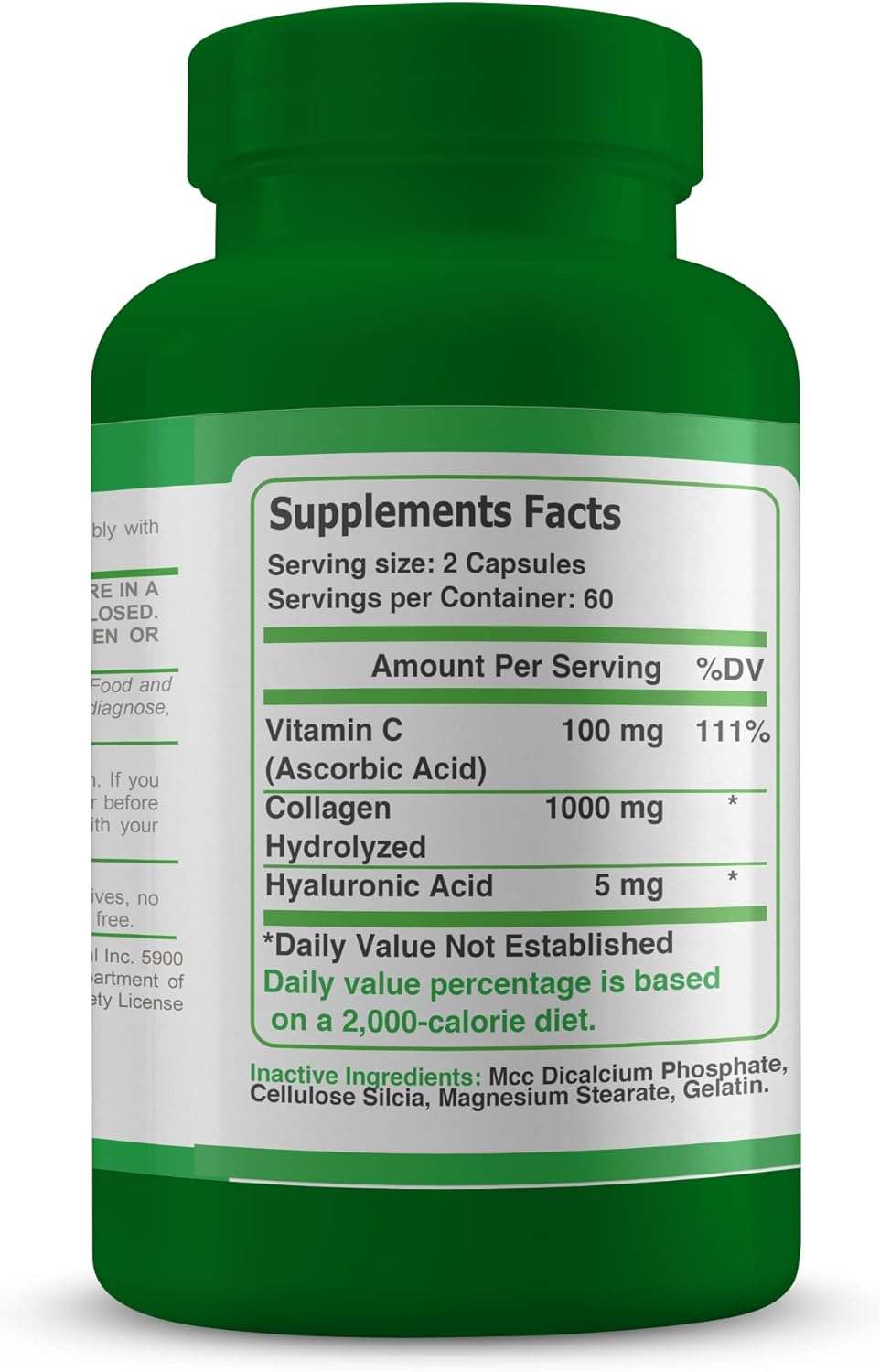 Collagen Supplement with Hyaluronic Acid & Vitamin C for Skin, Nails, Hair - Reduce Wrinkles - 60 Capsules