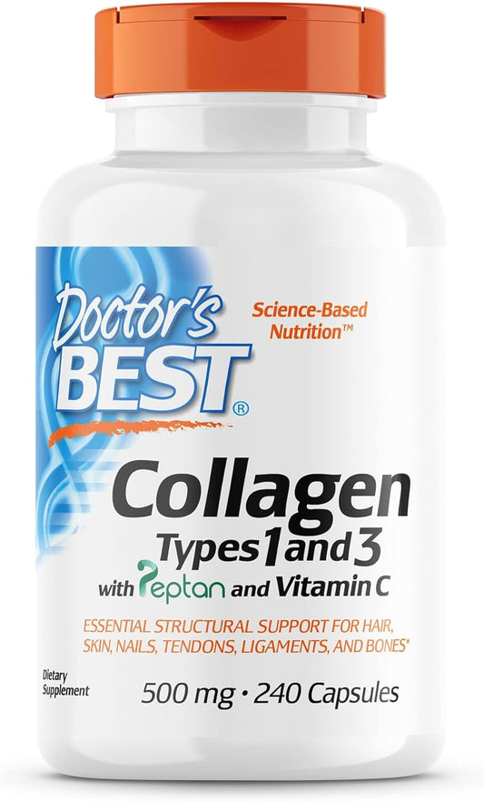 Collagen Types 1 & 3 with Vitamin C for Hair, Skin, Nails, Tendons, & Bones - 500mg, 240 Capsules - Non-GMO, Gluten & Soy Free