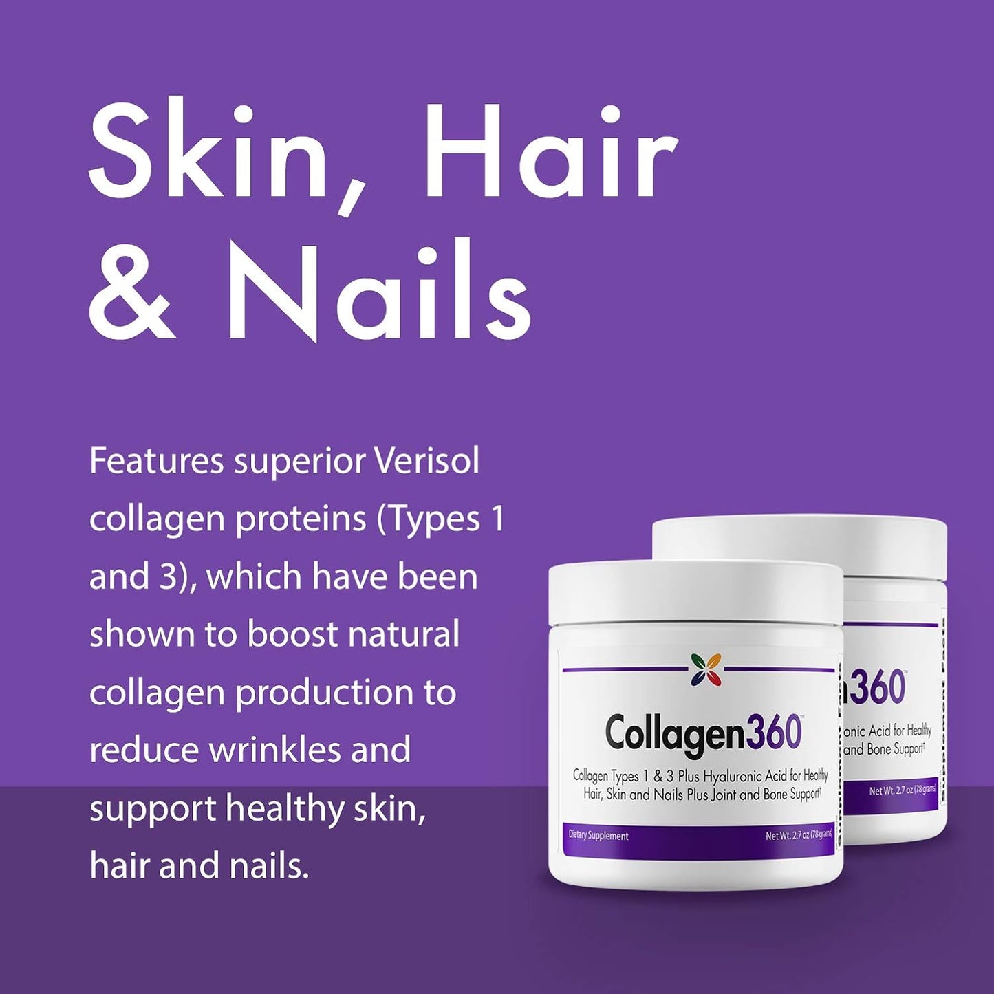 Collagen360 with Hyaluronic Acid Powder - Supports Healthy Hair, Nails & Skin - Reduce Fine Lines and Wrinkles - 2.7 oz