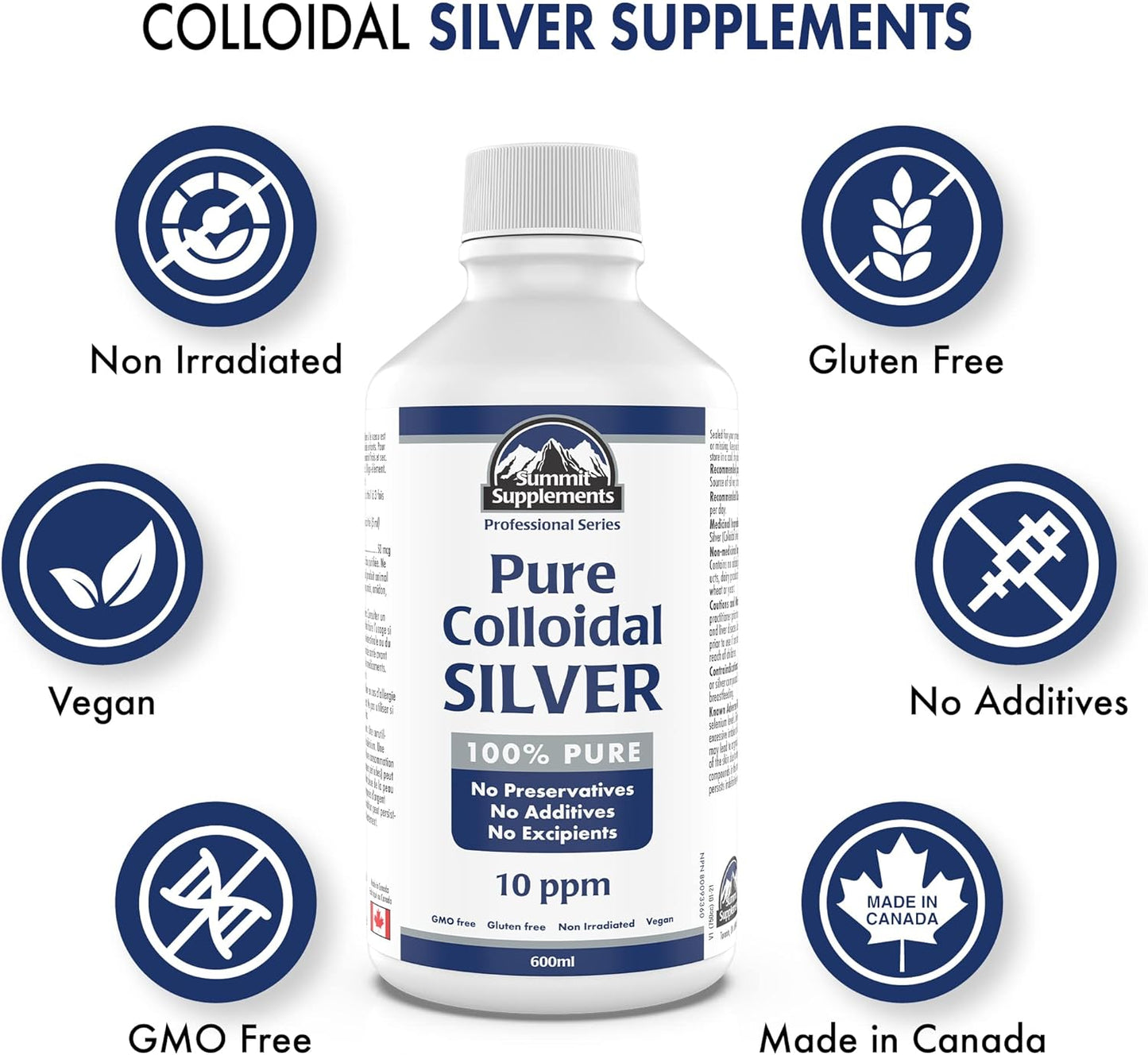 Colloidal Silver Liquid Supplements with Copper - 10ppm Trace Minerals - 600ml - Made in Canada
