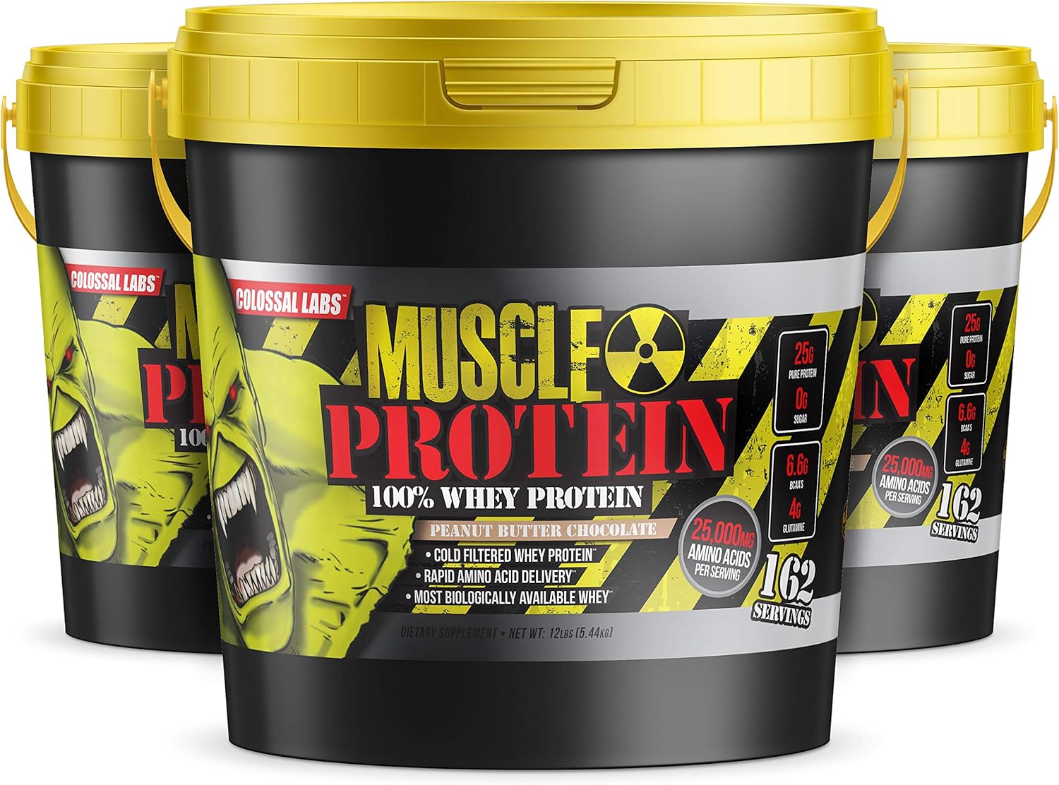 Colossal Labs 12 lb Whey Protein Pack - Peanut Butter Chocolate Flavor, Cold Filtered with 25g Protein, 6.6g BCAAs
