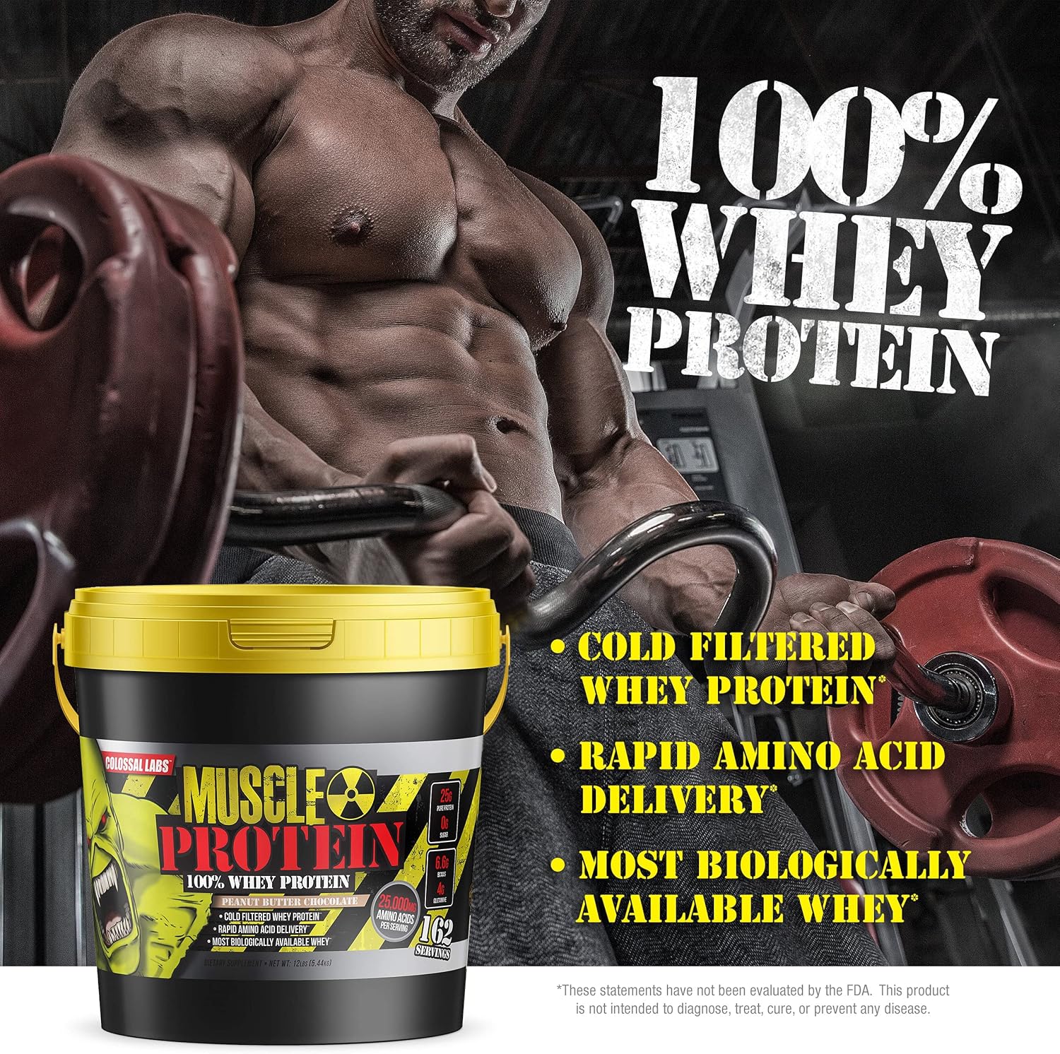 Colossal Labs 12 lb Whey Protein Pack - Peanut Butter Chocolate Flavor, Cold Filtered with 25g Protein, 6.6g BCAAs