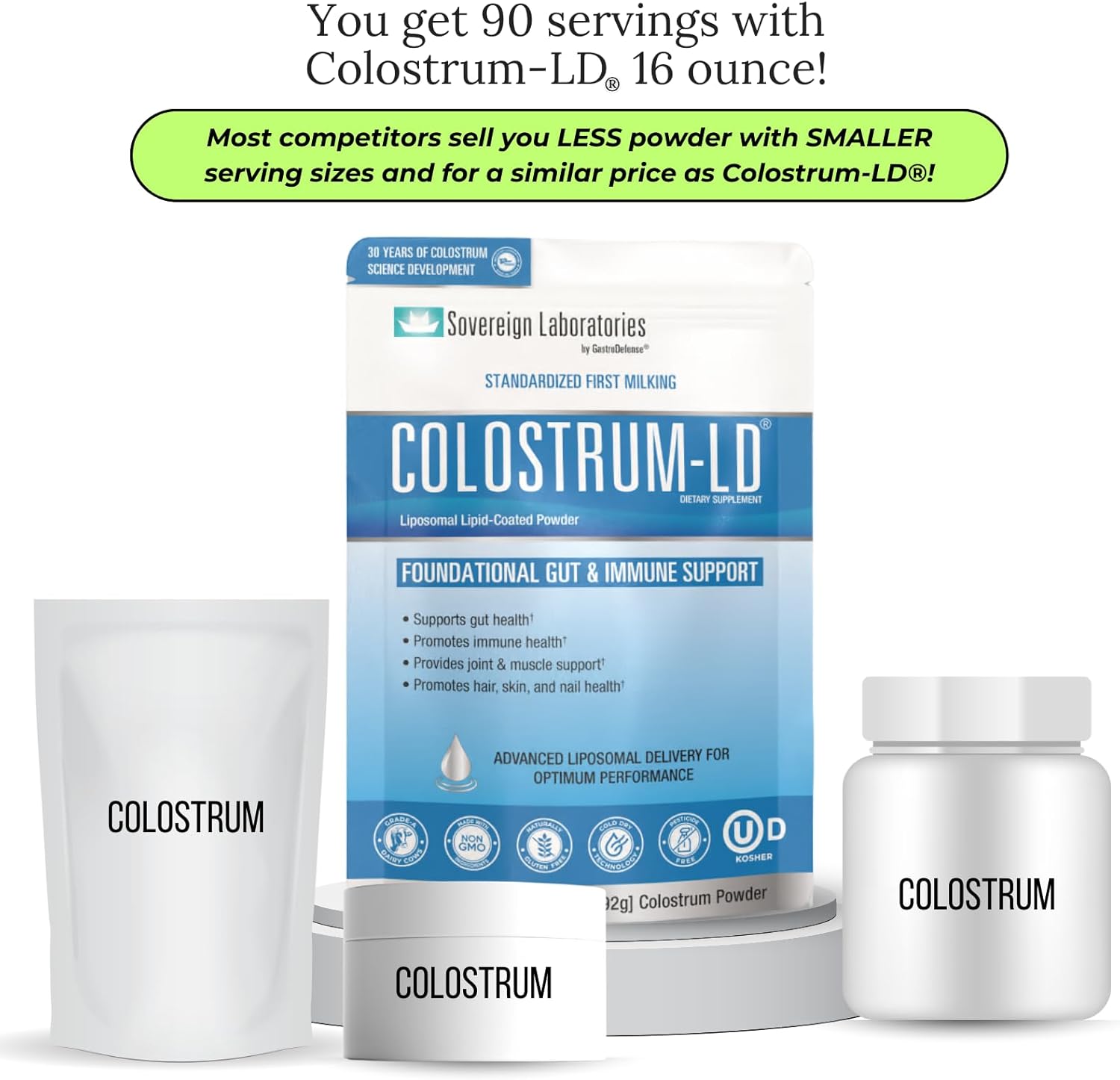 Colostrum Powder with Liposomal Delivery - Gluten-Free & Lactose-Reduced - 90 Servings 16oz Plain Flavor