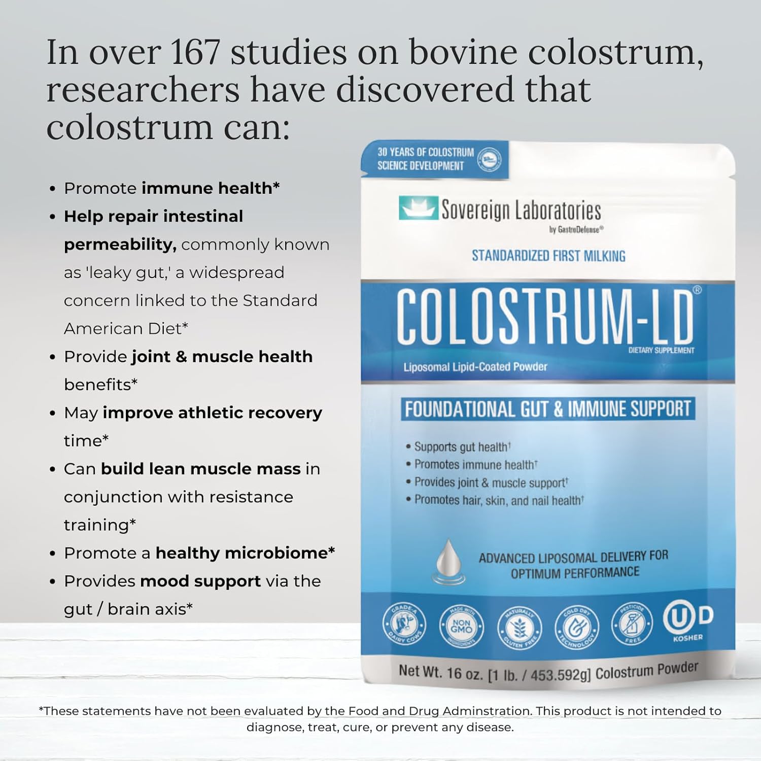 Colostrum Powder with Liposomal Delivery - Gluten-Free & Lactose-Reduced - 90 Servings 16oz Plain Flavor