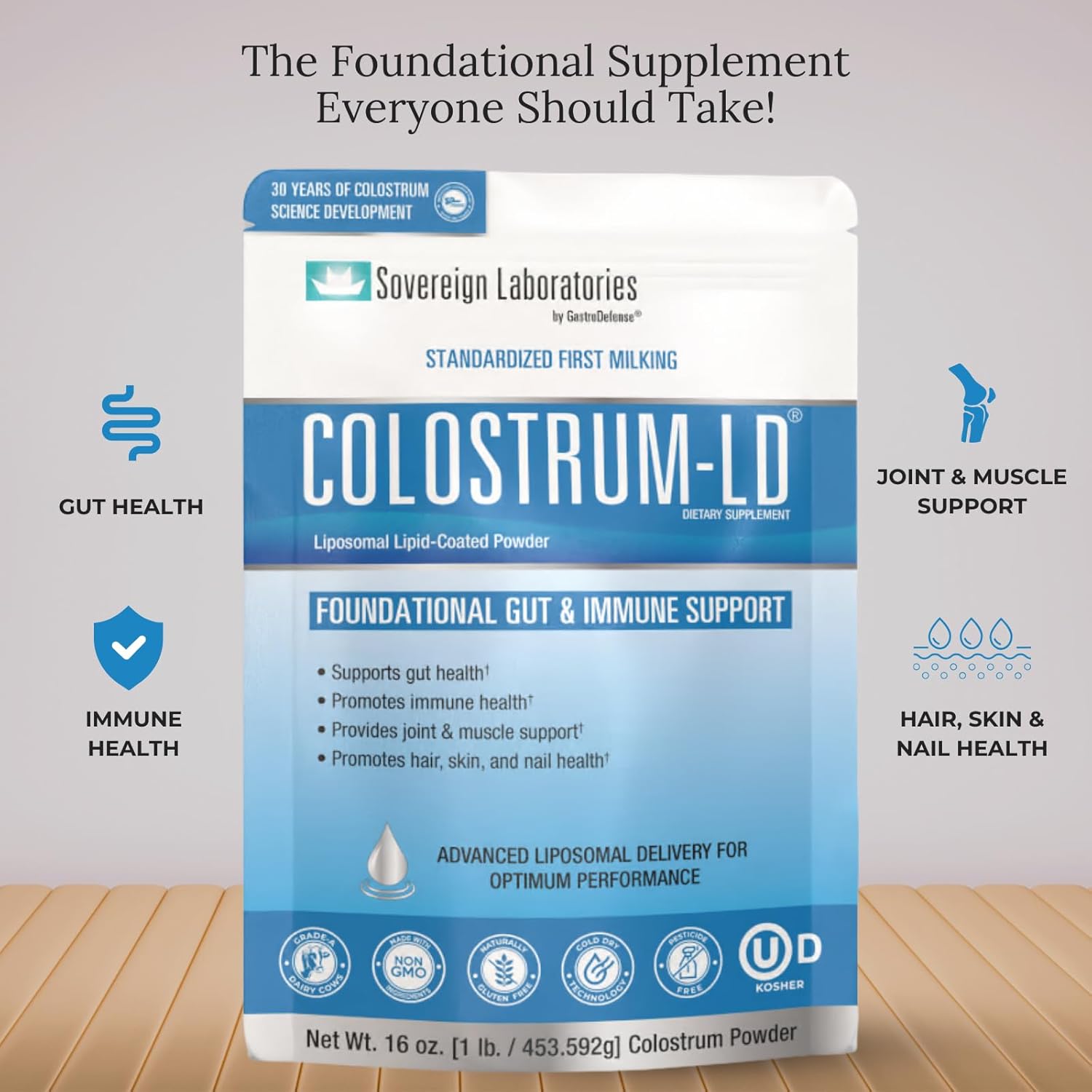 Colostrum Powder with Liposomal Delivery - Gluten-Free & Lactose-Reduced - 90 Servings 16oz Plain Flavor