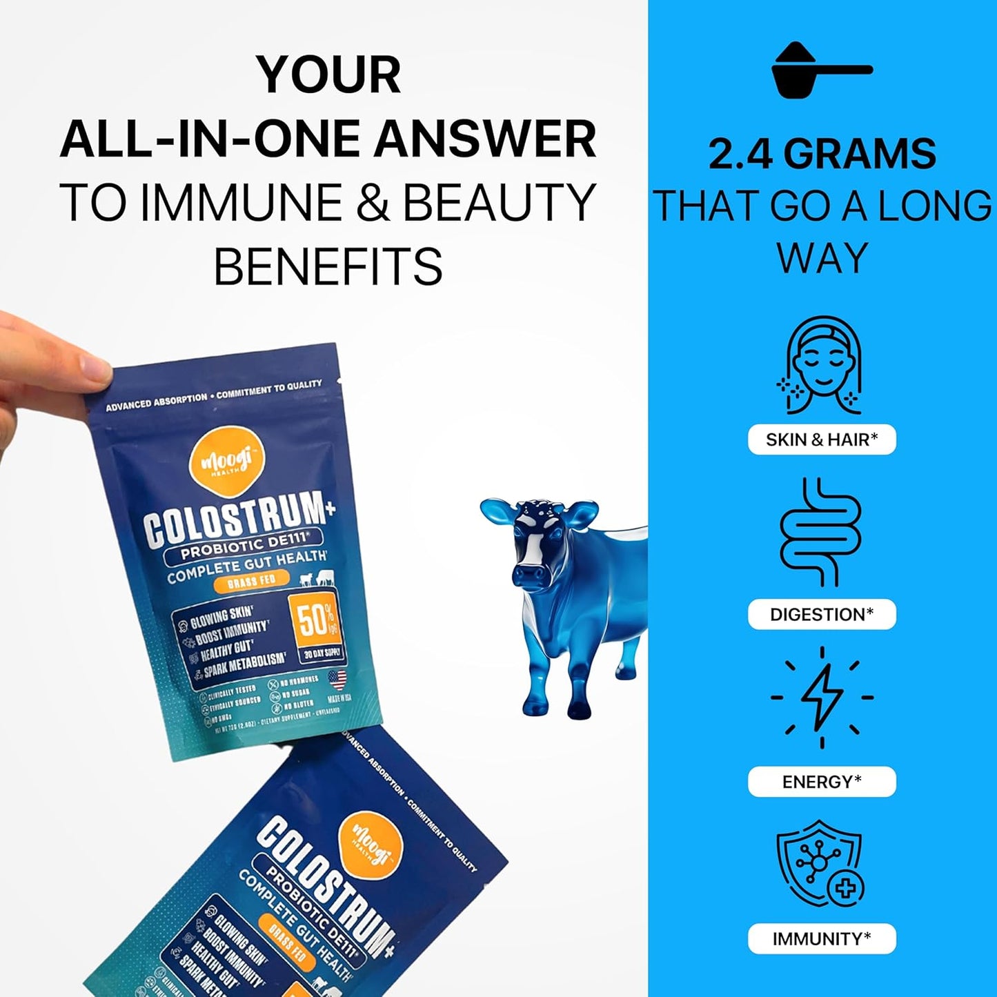 Colostrum with DE111 Probiotics: Athletic Recovery & Immune Support - Grass Fed, Gluten-Free, Sugar-Free, Fat-Free - 50% IgG, 400+ Nutrients